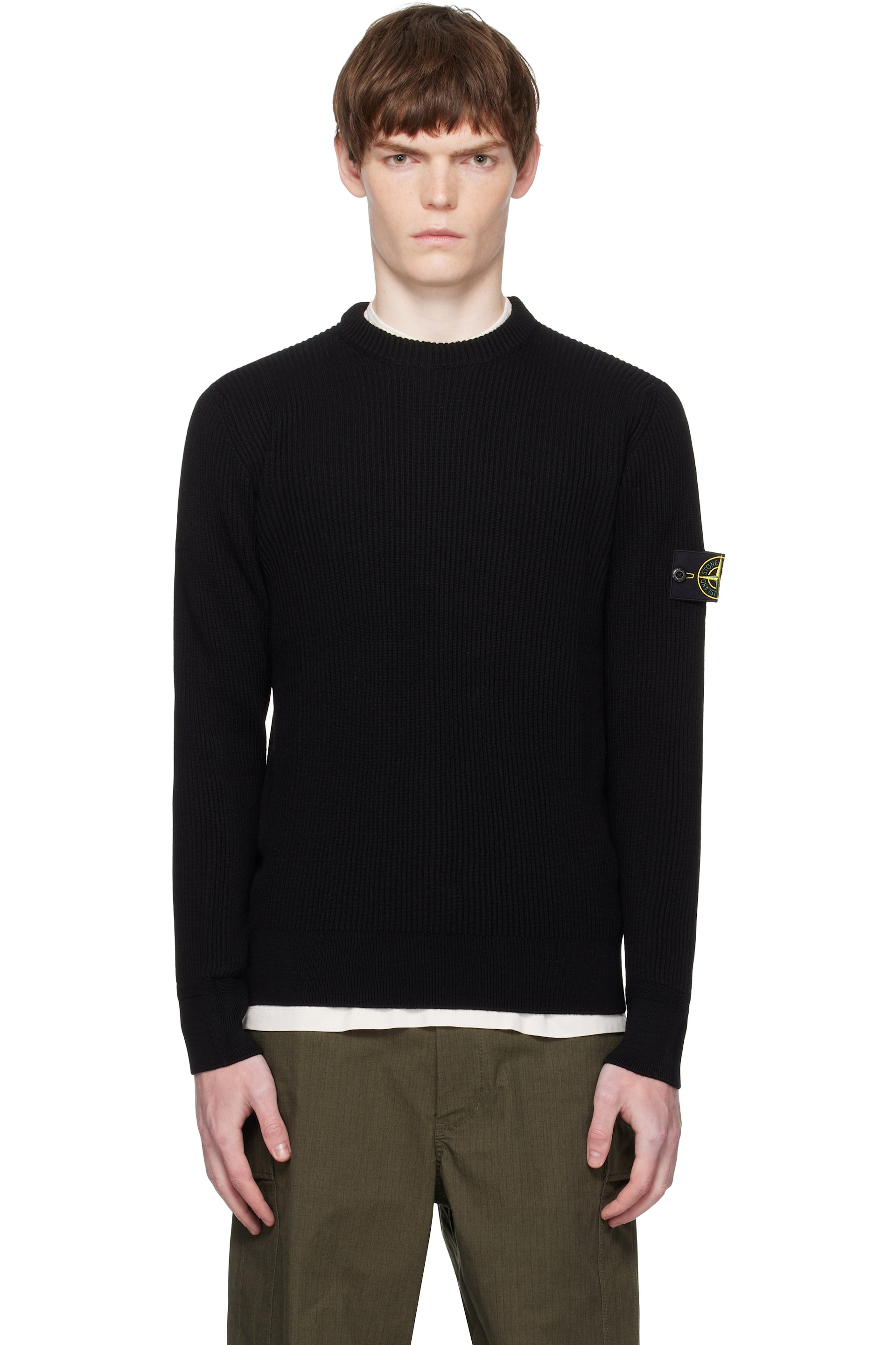 Stone Island - Pull 5100053 noir en tricot côtelé de laine certifiée RWS