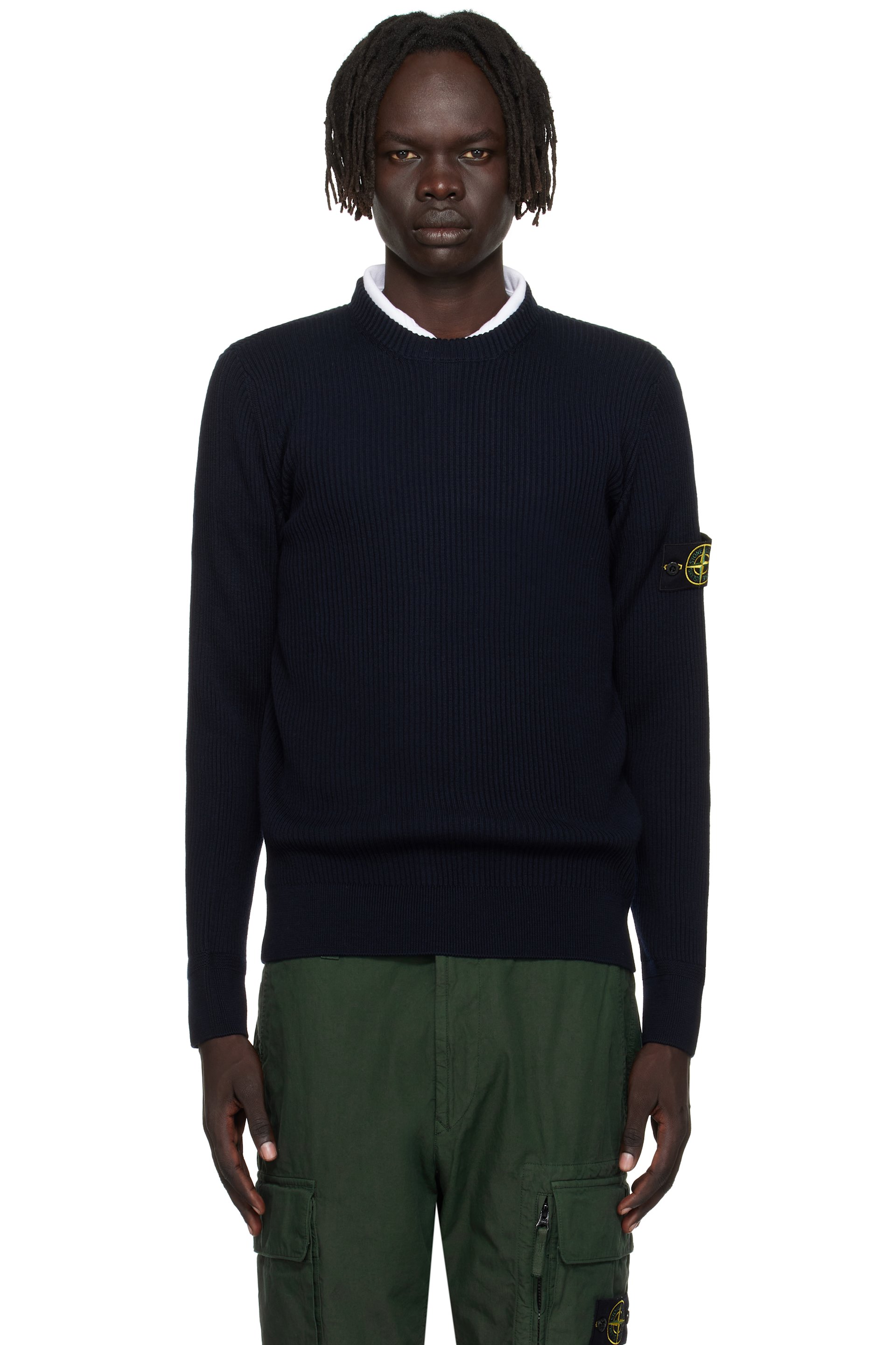 Stone Island - Pull 5100053 bleu marine en tricot côtelé de laine certifiée RWS