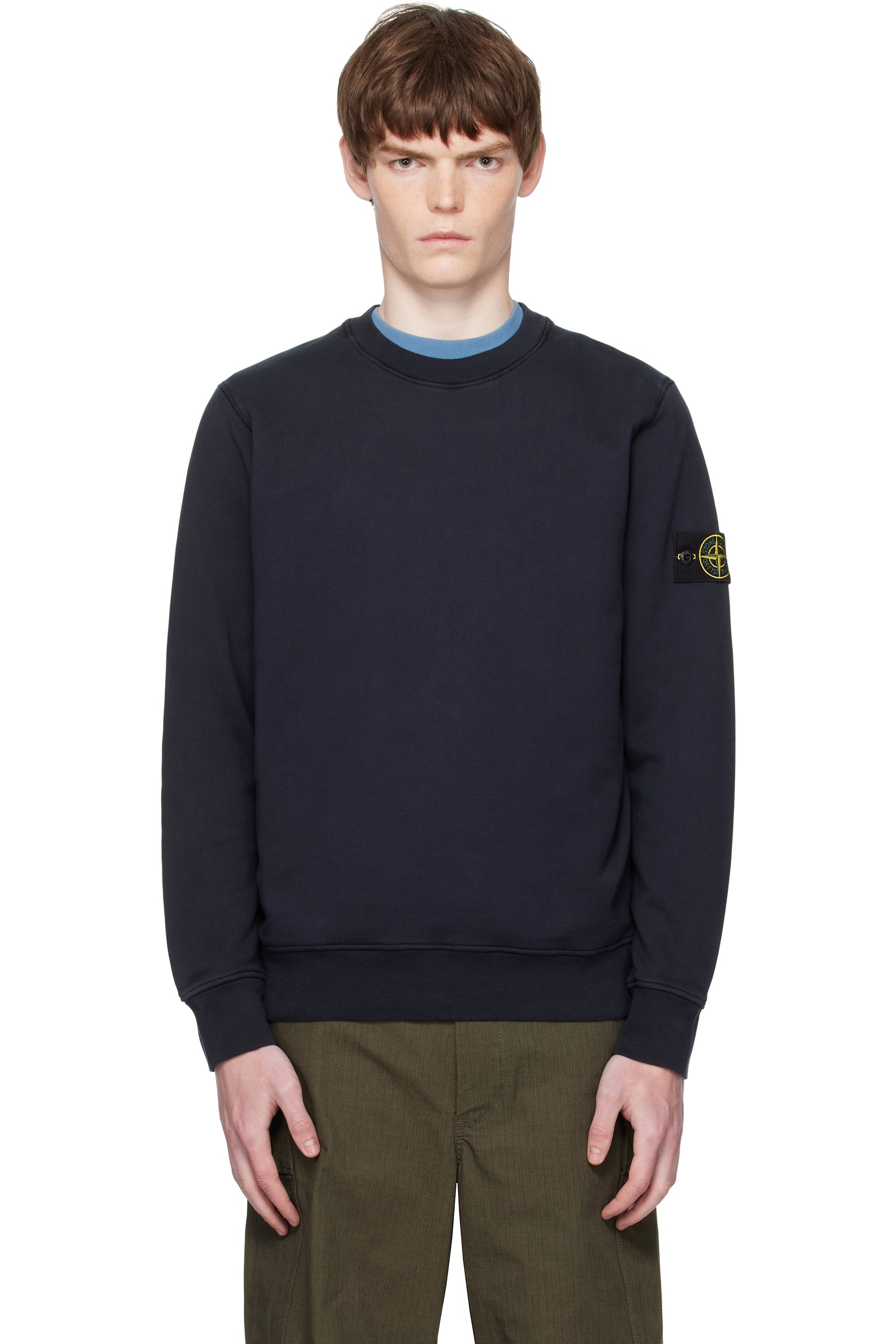 Stone Island - Pull 6100060 bleu marine en molleton de coton bio