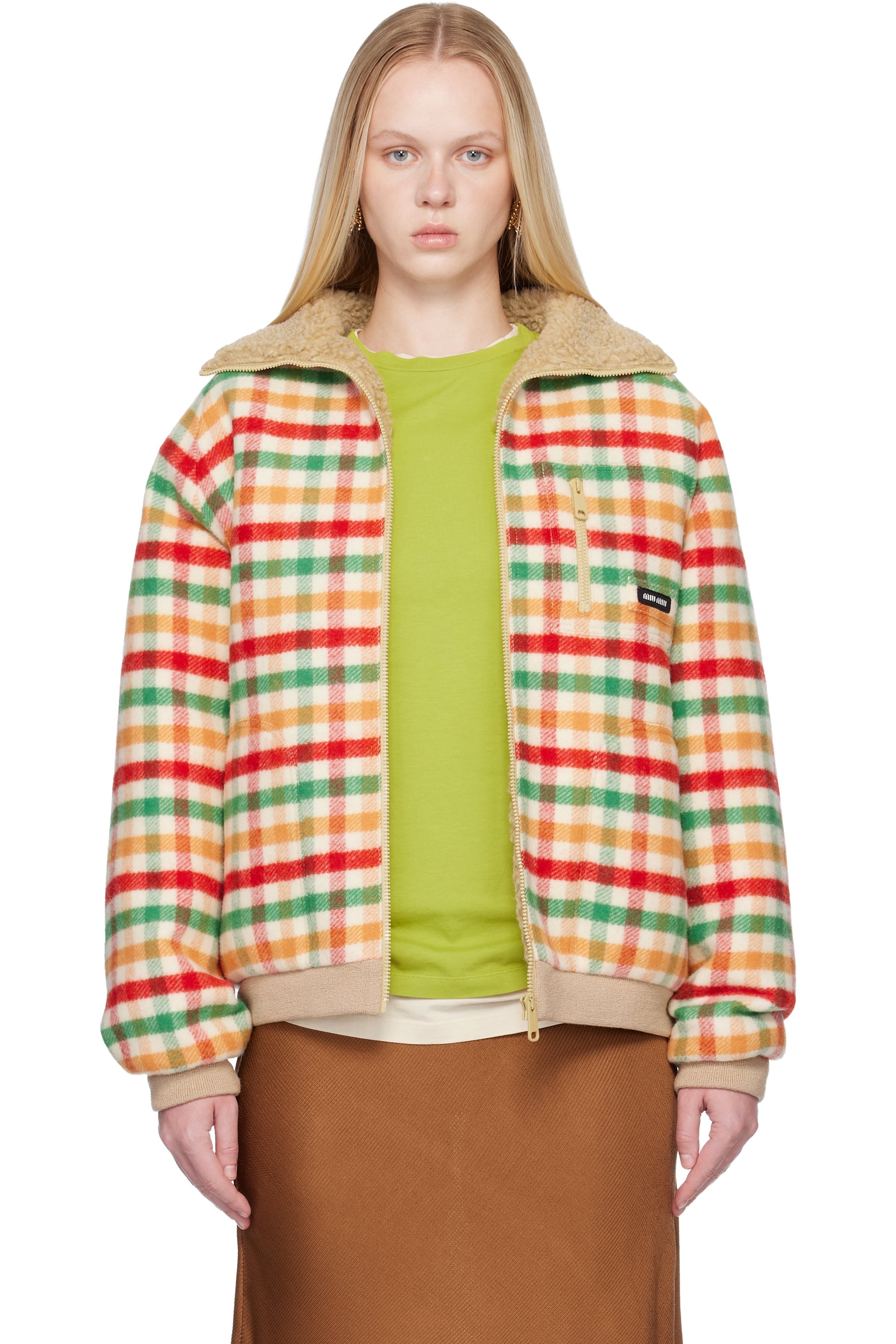 Miu Miu - Blouson multicolore à carreaux et à doublure en sherpa