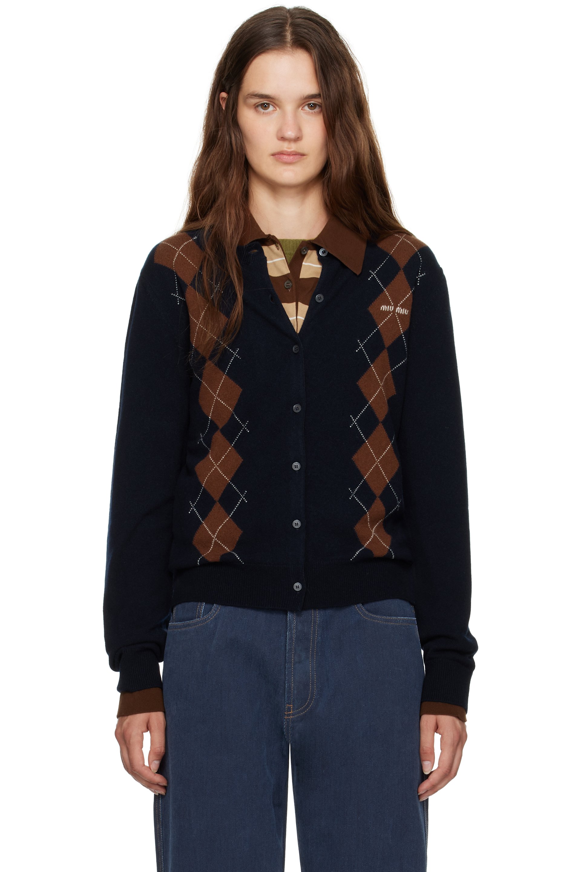 Miu Miu - Cardigan bleu marine en cachemire à motif argyle