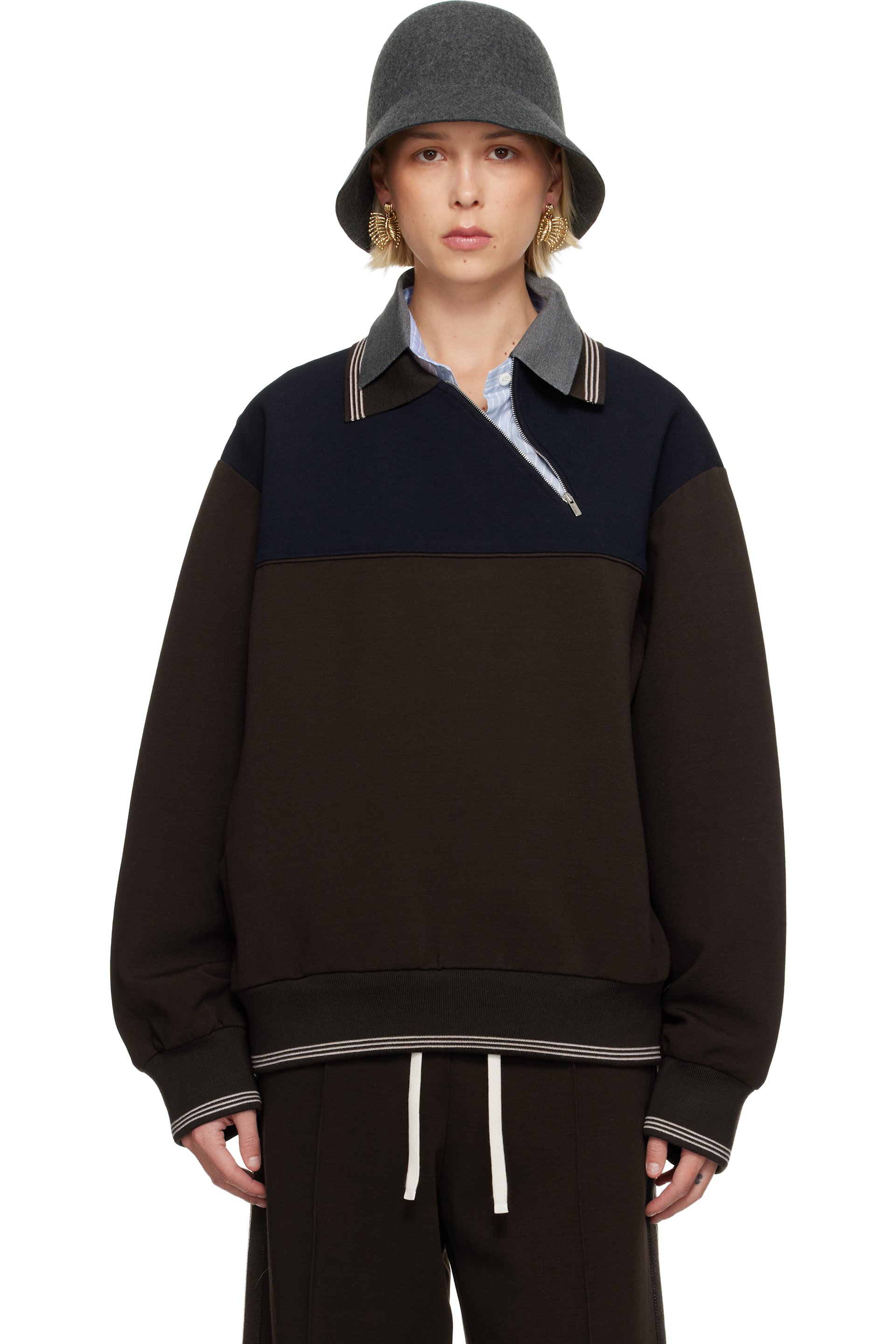Miu Miu - Pull molletonné brun et bleu marine à demi-glissière