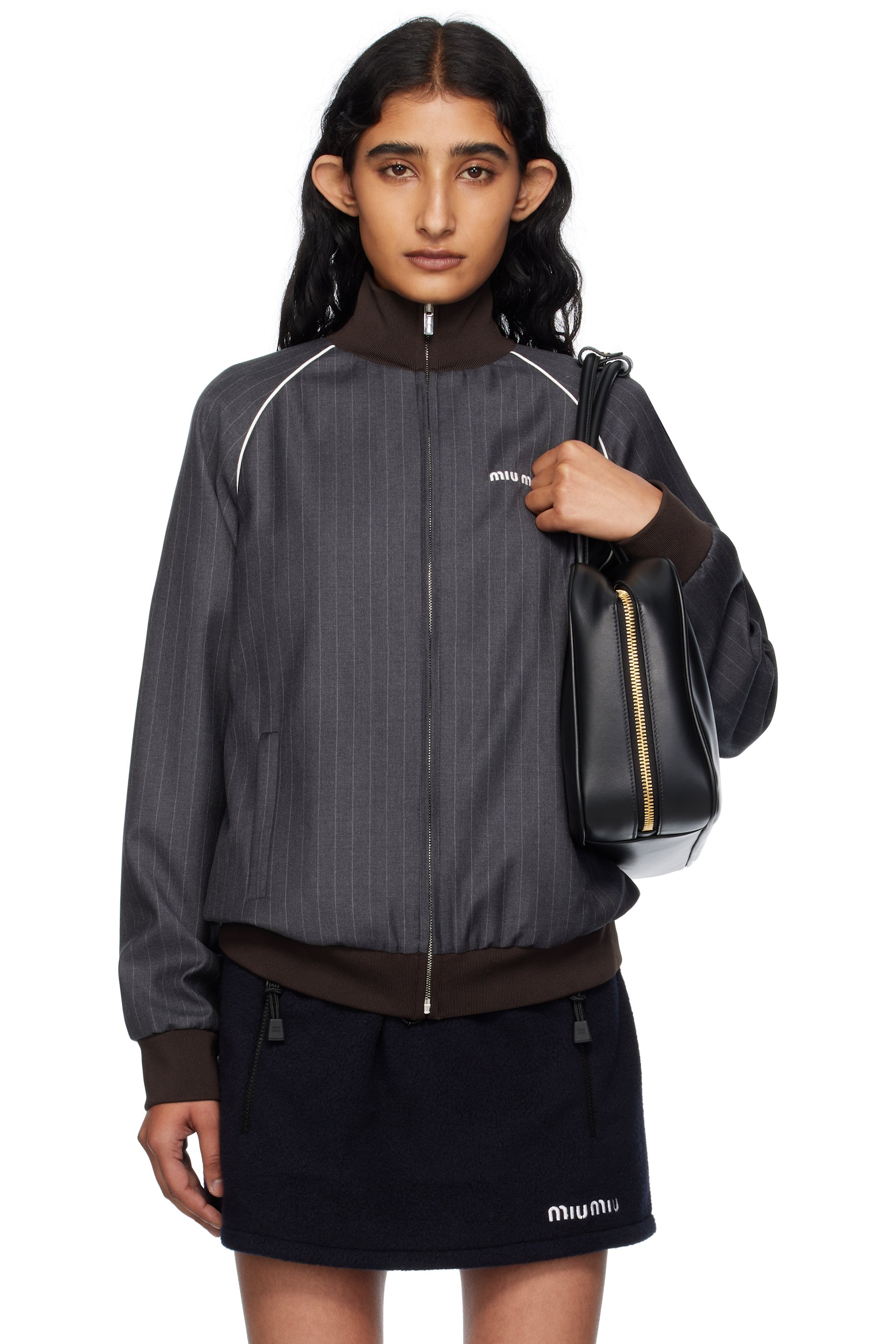 Miu Miu - Blouson gris à rayures fines et à glissière