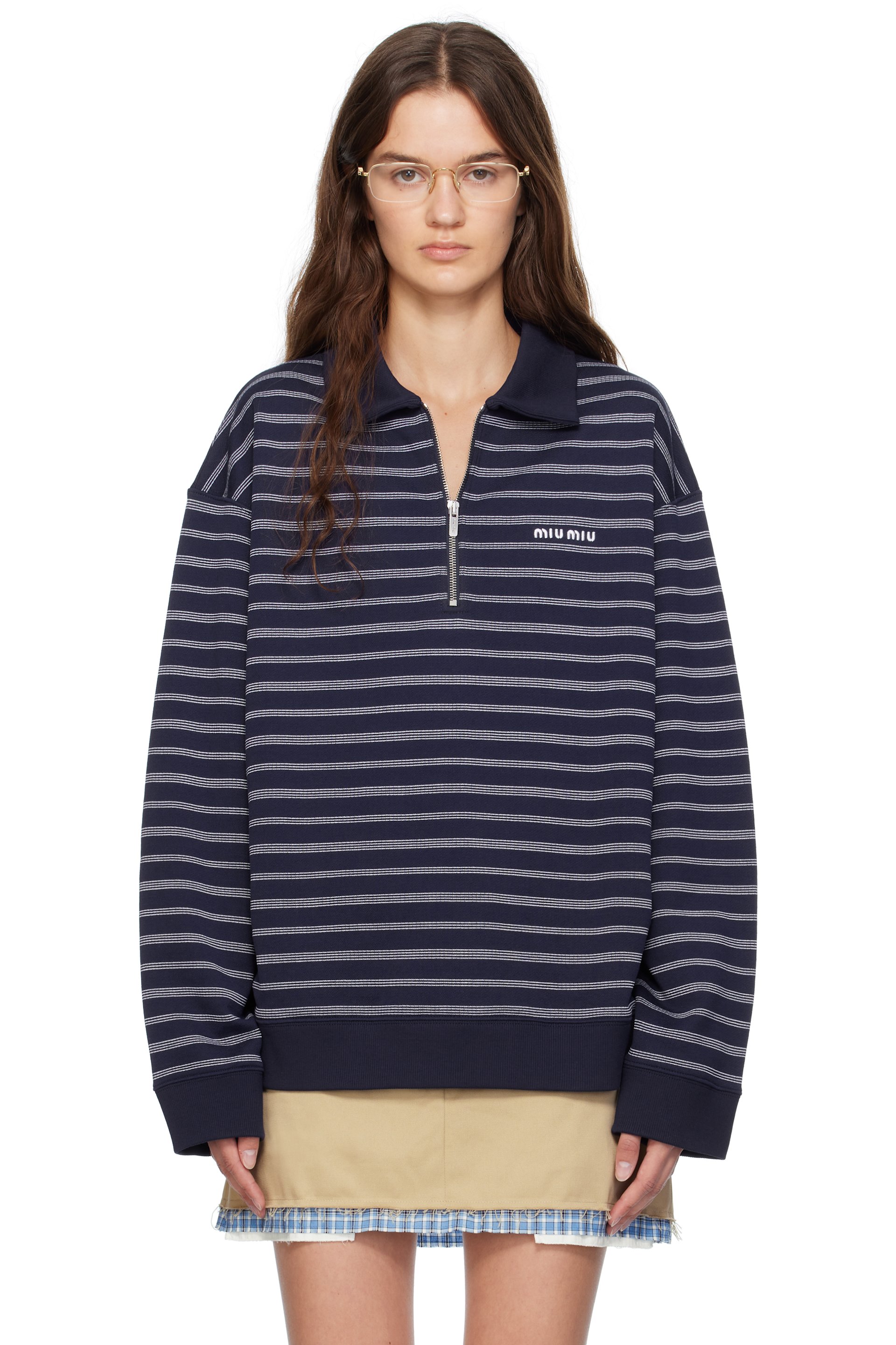 Miu Miu - Polo bleu marine à rayures et à demi-glissière