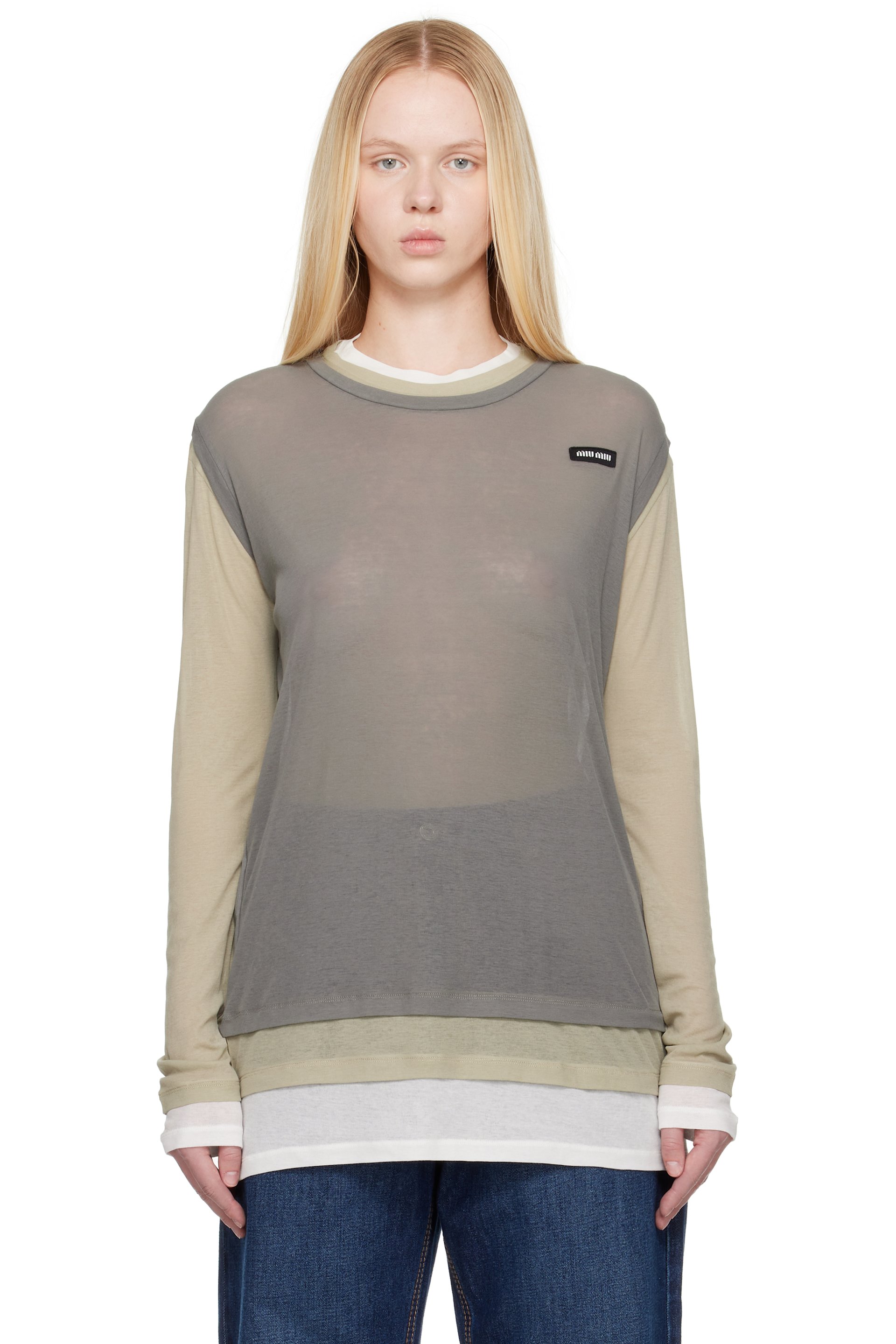 Miu Miu - Robe courte gris et beige en jersey côtelé