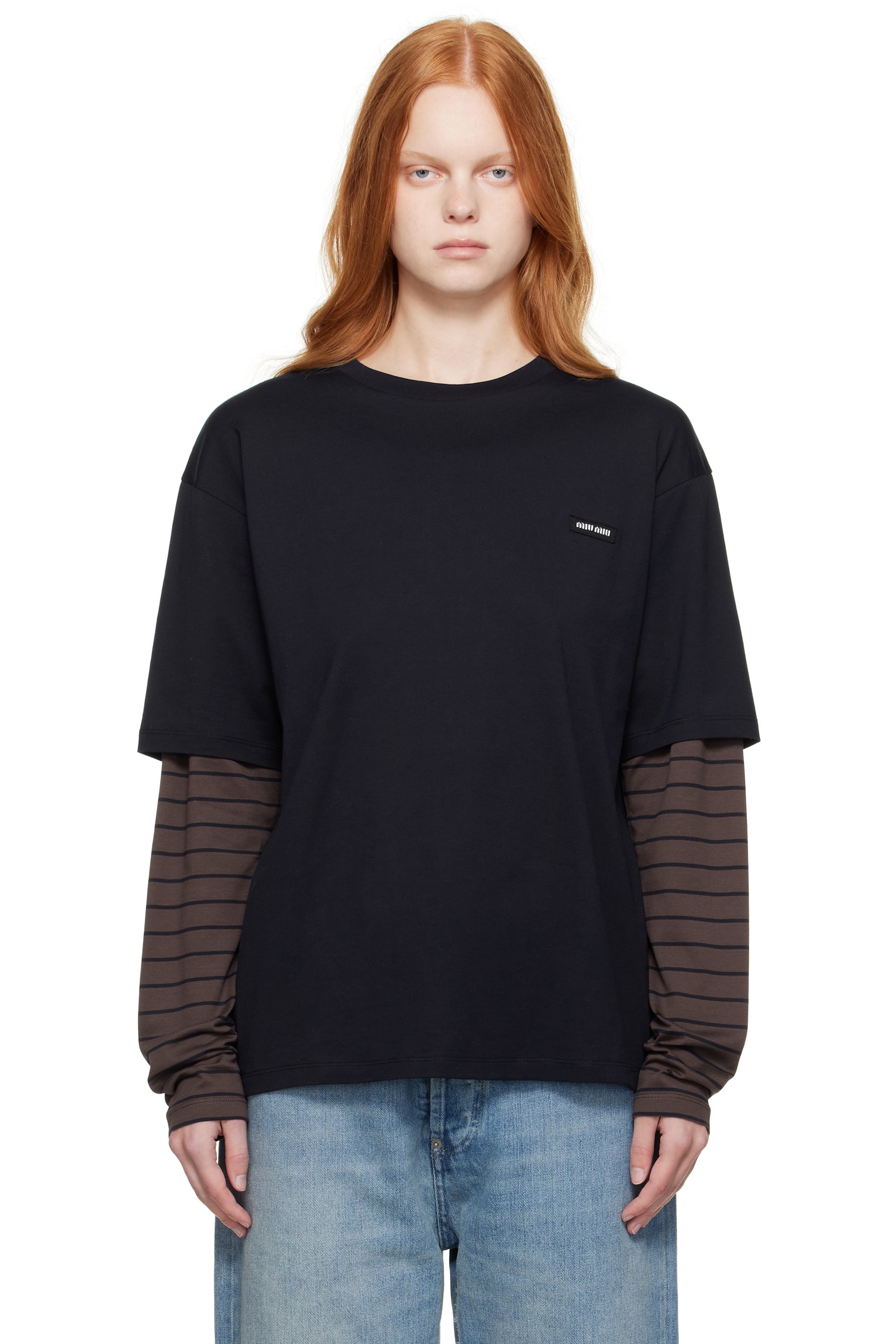 Miu Miu - T-shirt à manches longues bleu marine et brun en jersey