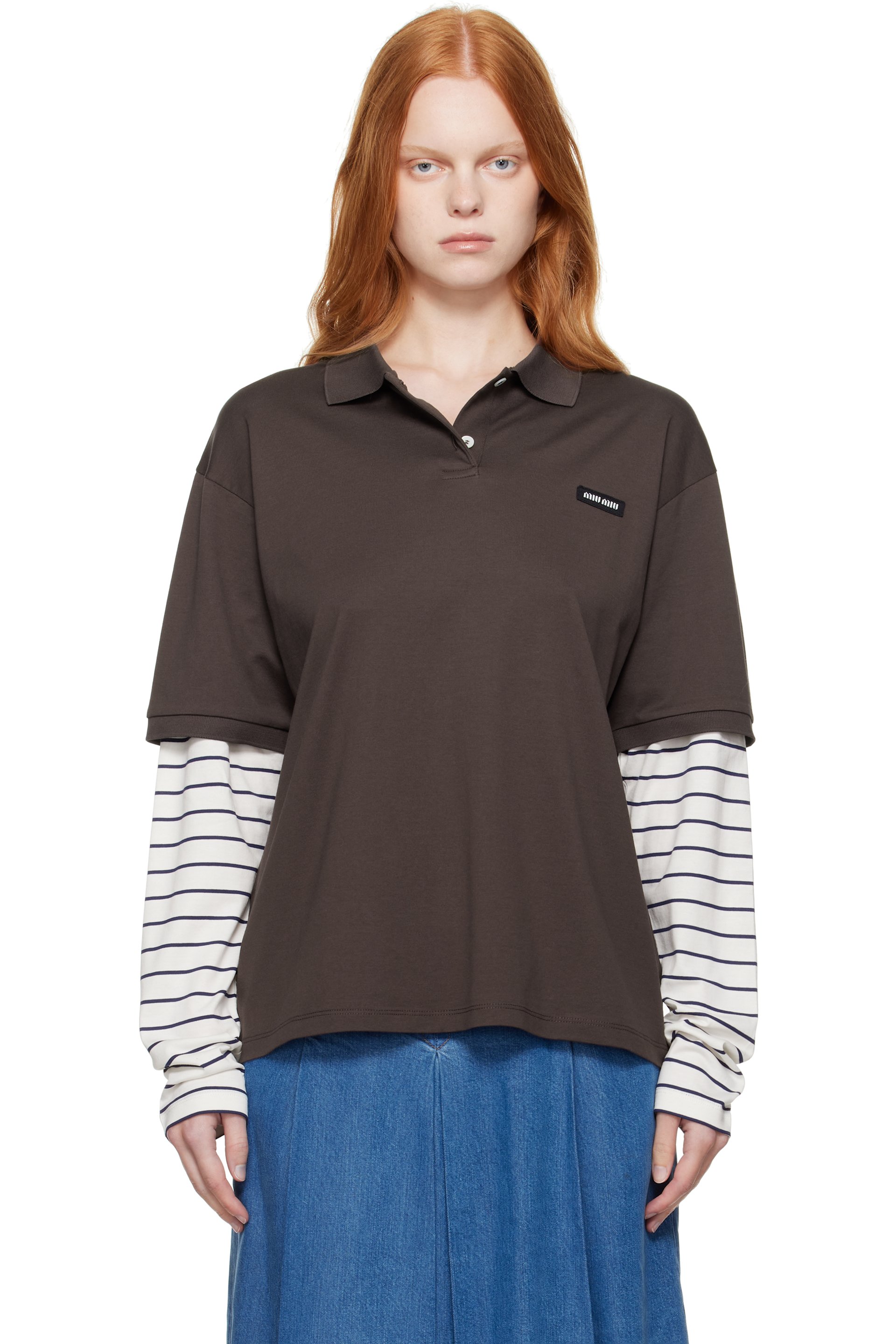 Miu Miu - Polo brun et blanc cassé en jersey