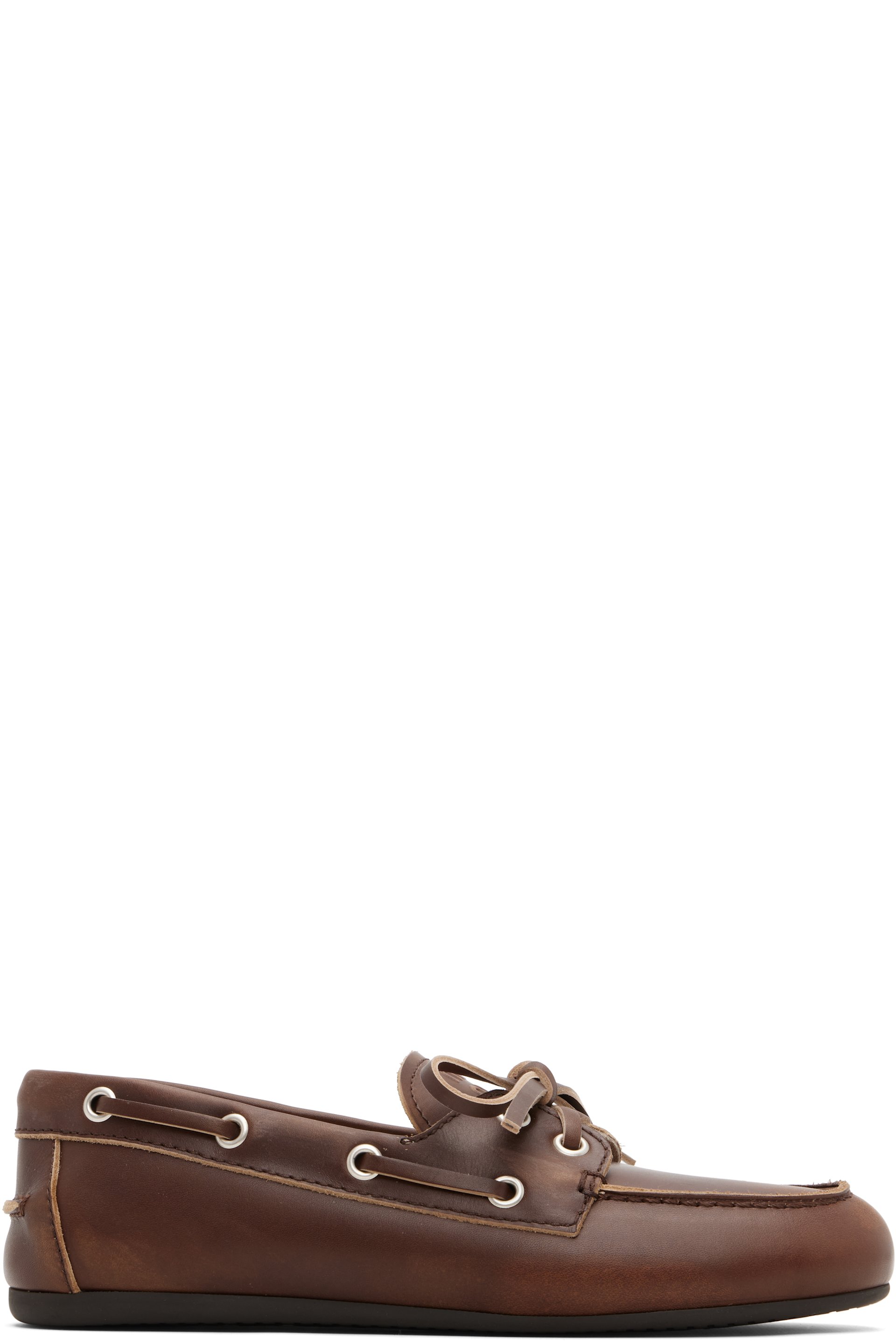 Miu Miu - Chaussures bateau brunes en cuir à effet délavé