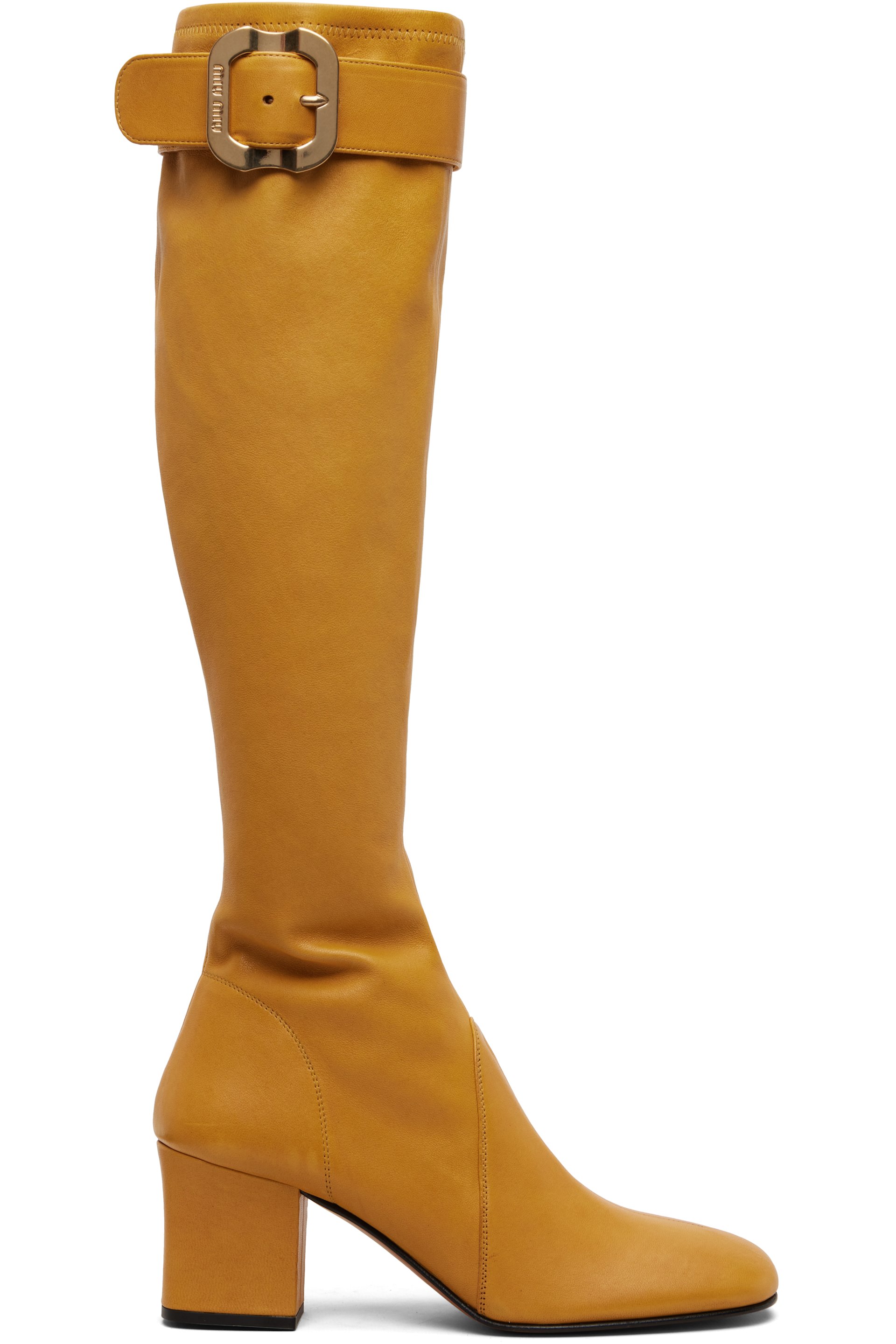 Miu Miu - Bottes hautes jaune en cuir nappa à boucle à ardillon