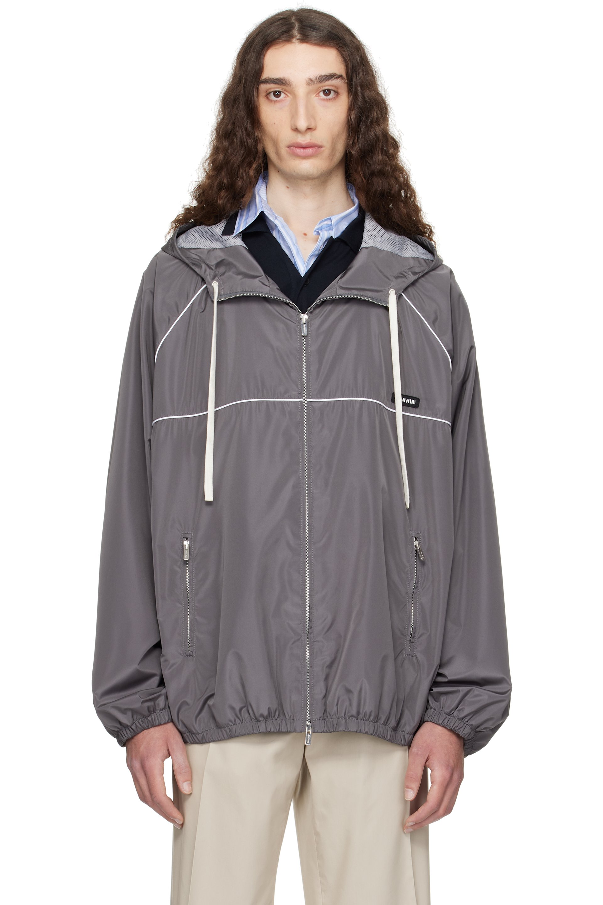 Miu Miu - Blouson technique gris en soie à glissière