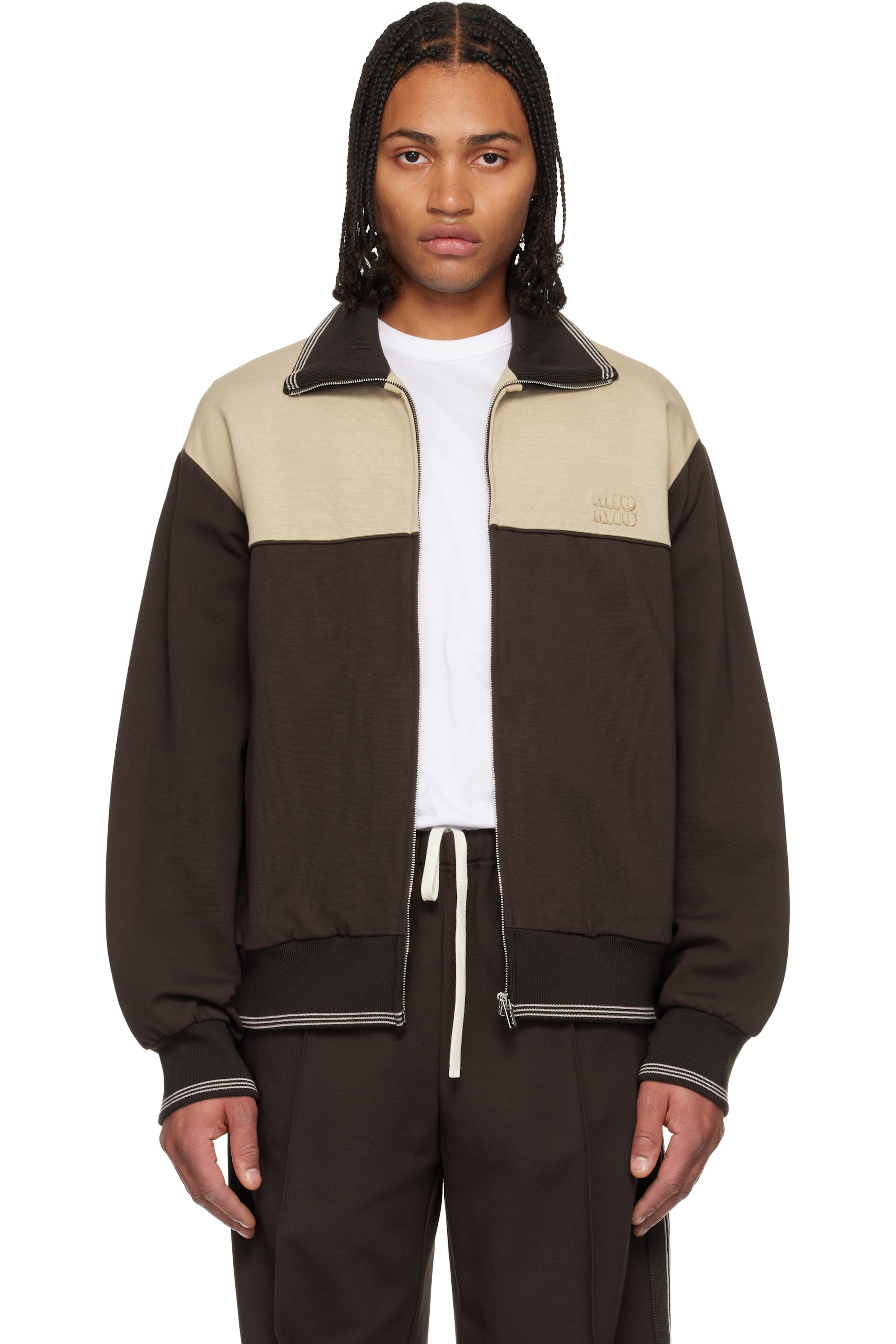 Miu Miu - Pull molletonné brun et beige à glissière