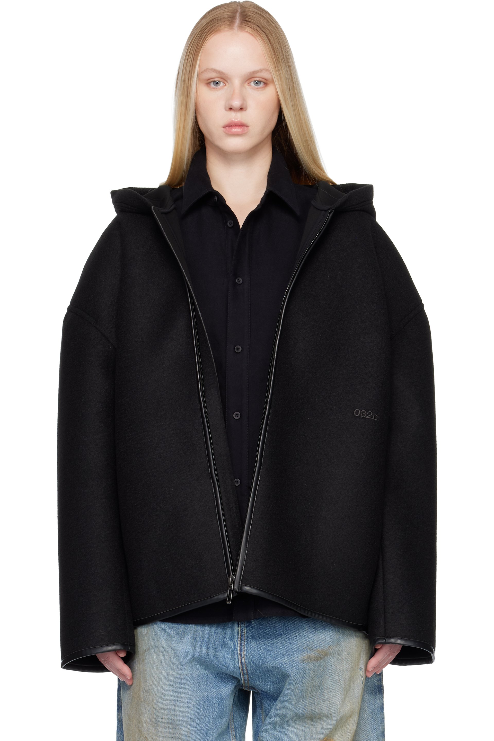 032c - Black Neoprene Zip Up Hooded Jacket