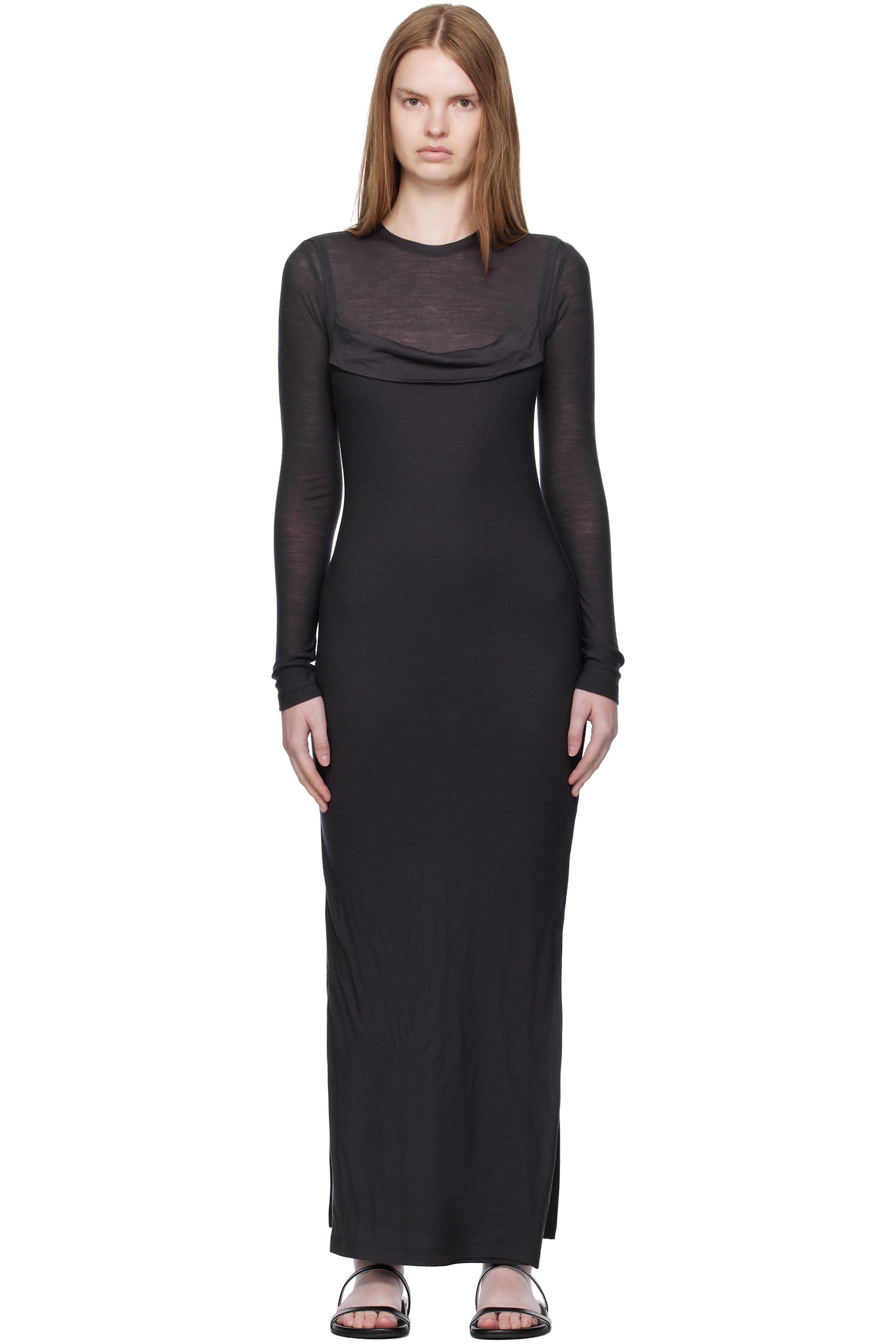 Nanushka - Robe longue drapée Linora grise en jersey de laine