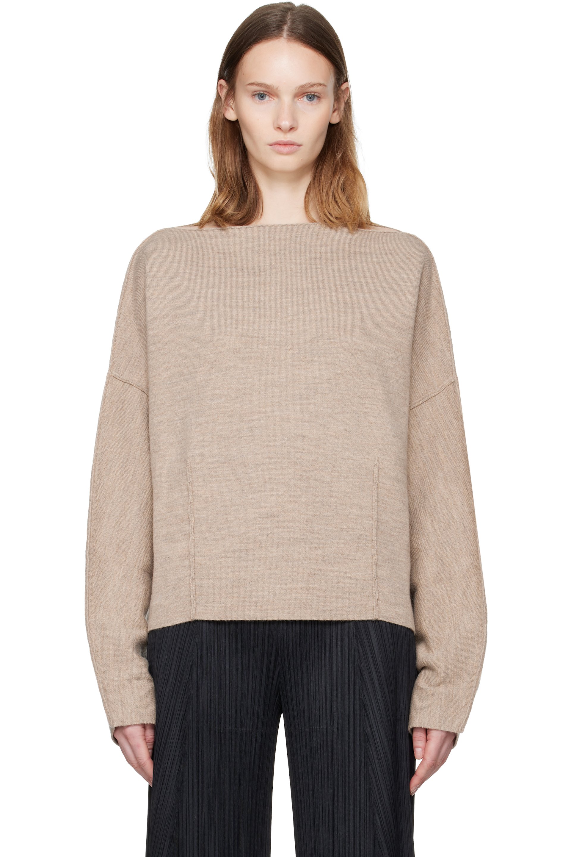 Lauren Manoogian - Pull beige en tricot double à col bateau