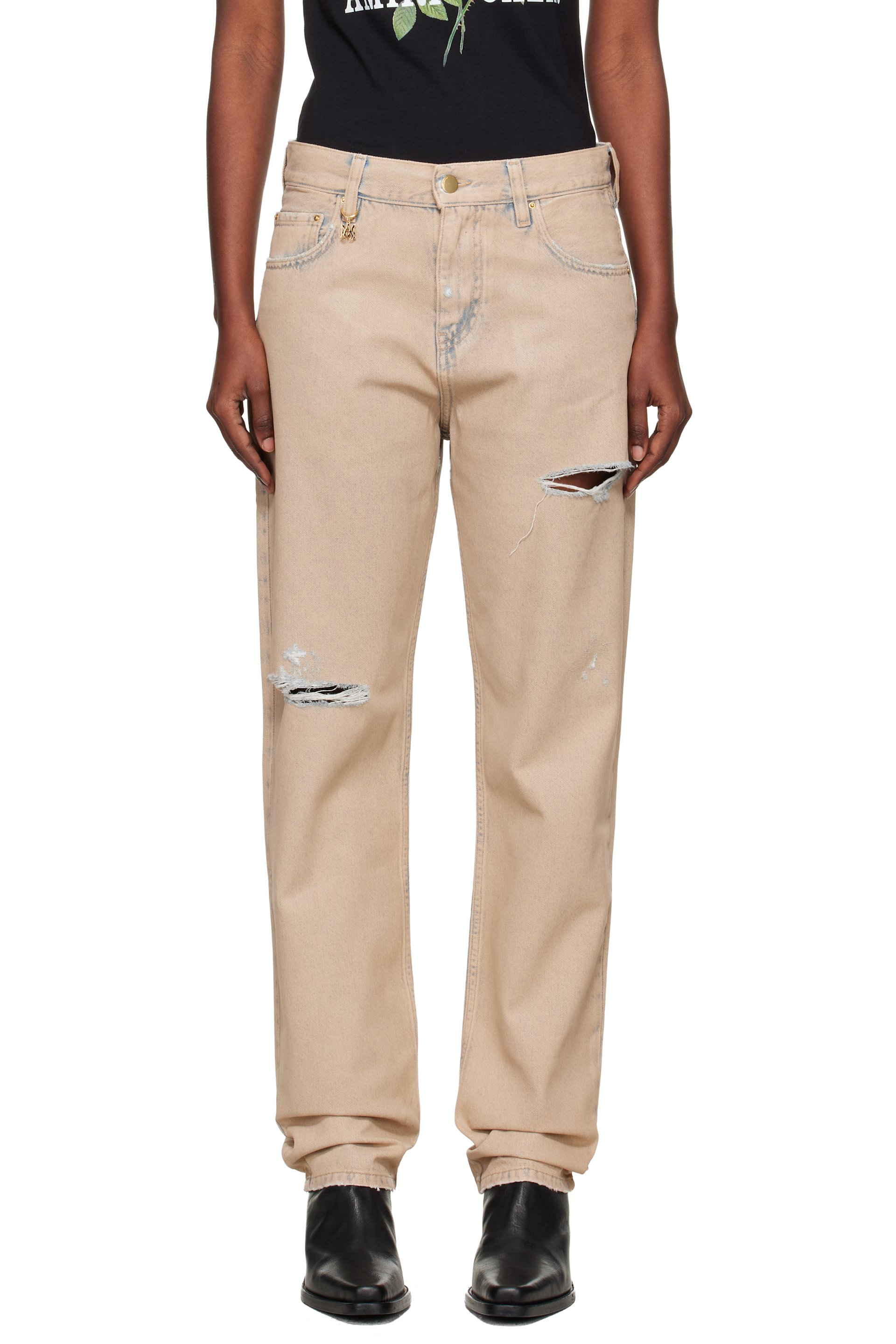 AMIRI - Jean droit beige à déchirures
