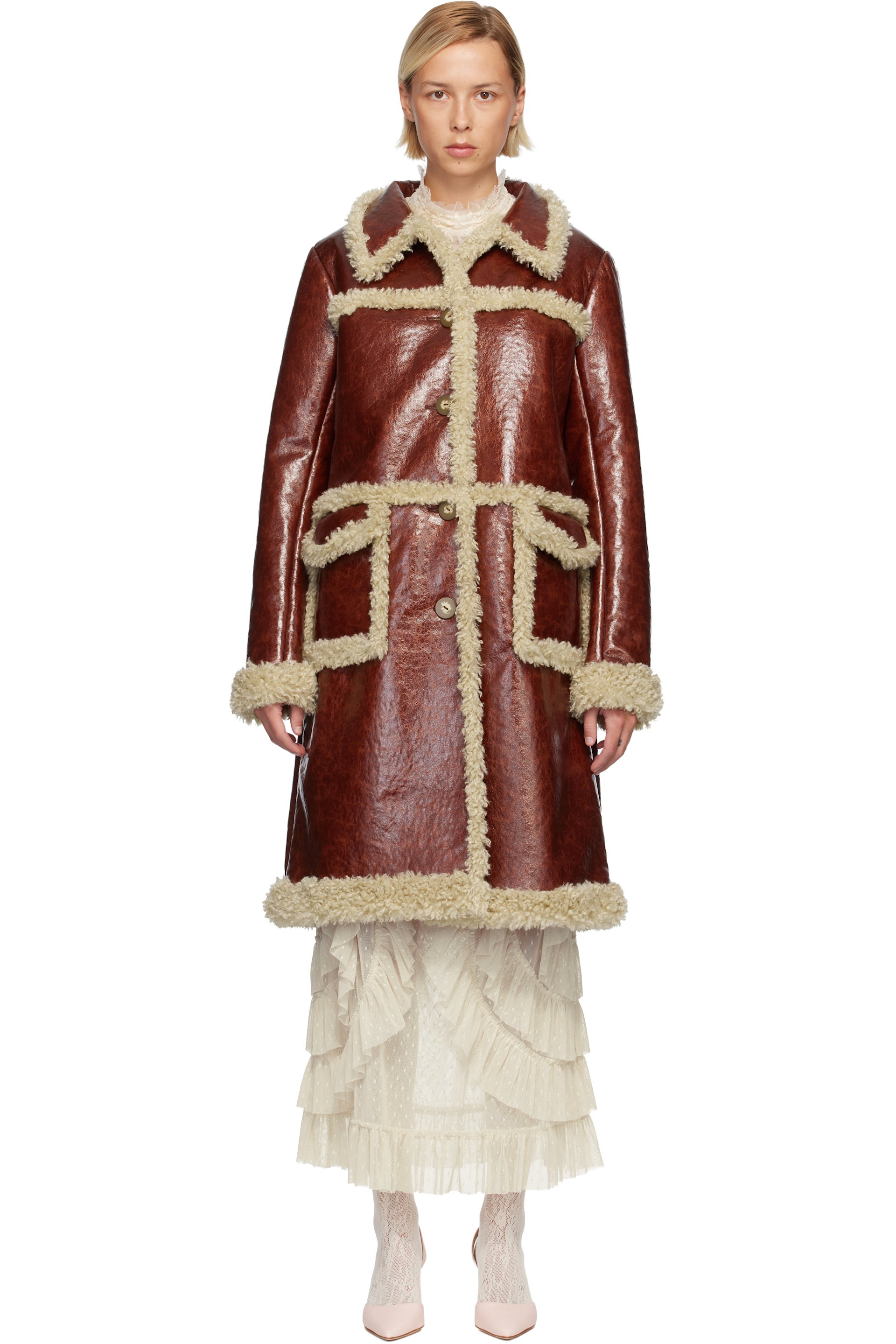 Anna Sui - Manteau brun en cuir synthétique à garniture en sherpa
