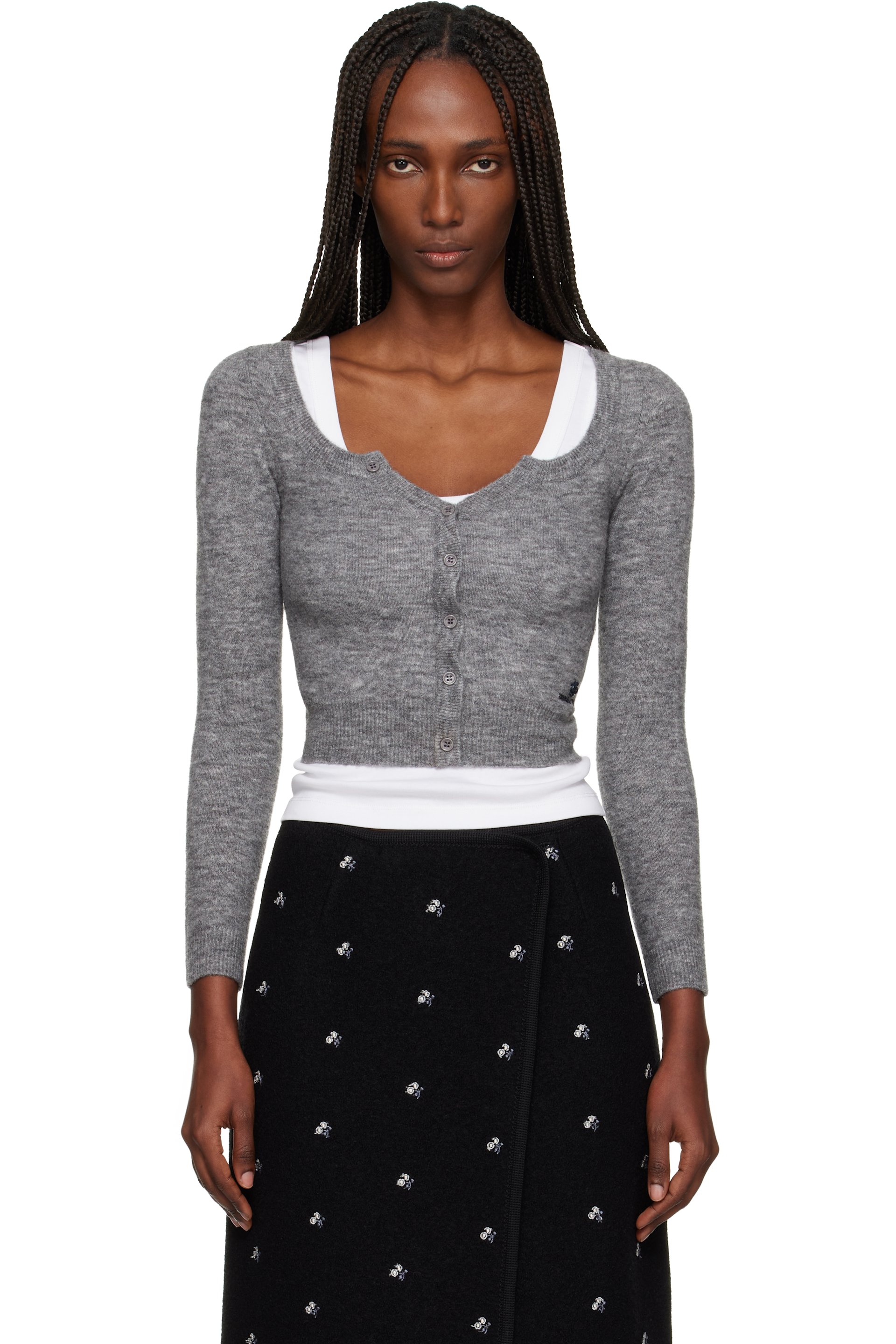 SHUSHU/TONG - Gray Wide Round Neck Fitted Cardigan