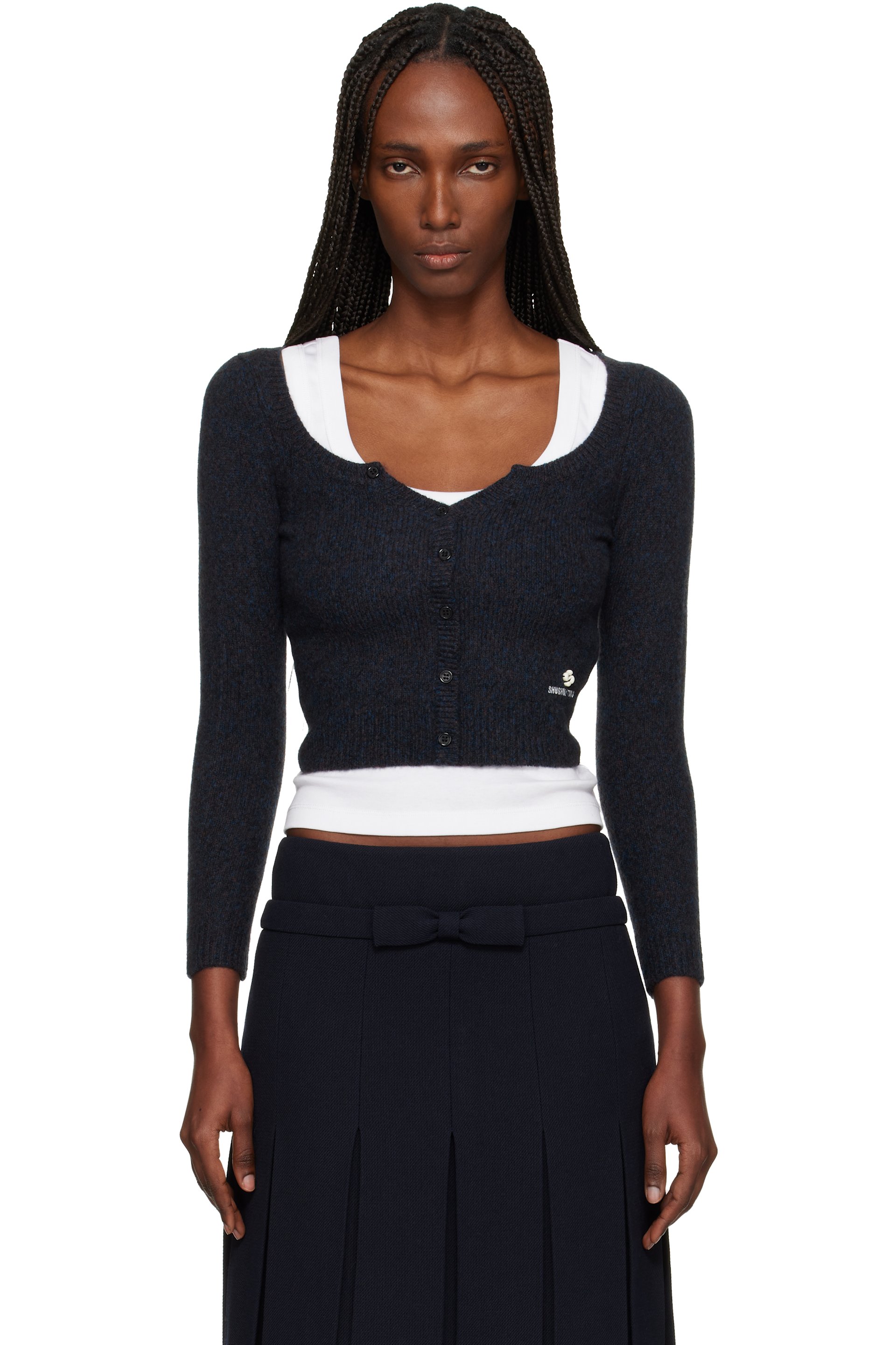 SHUSHU/TONG - Cardigan ajusté bleu marine à encolure arrondie