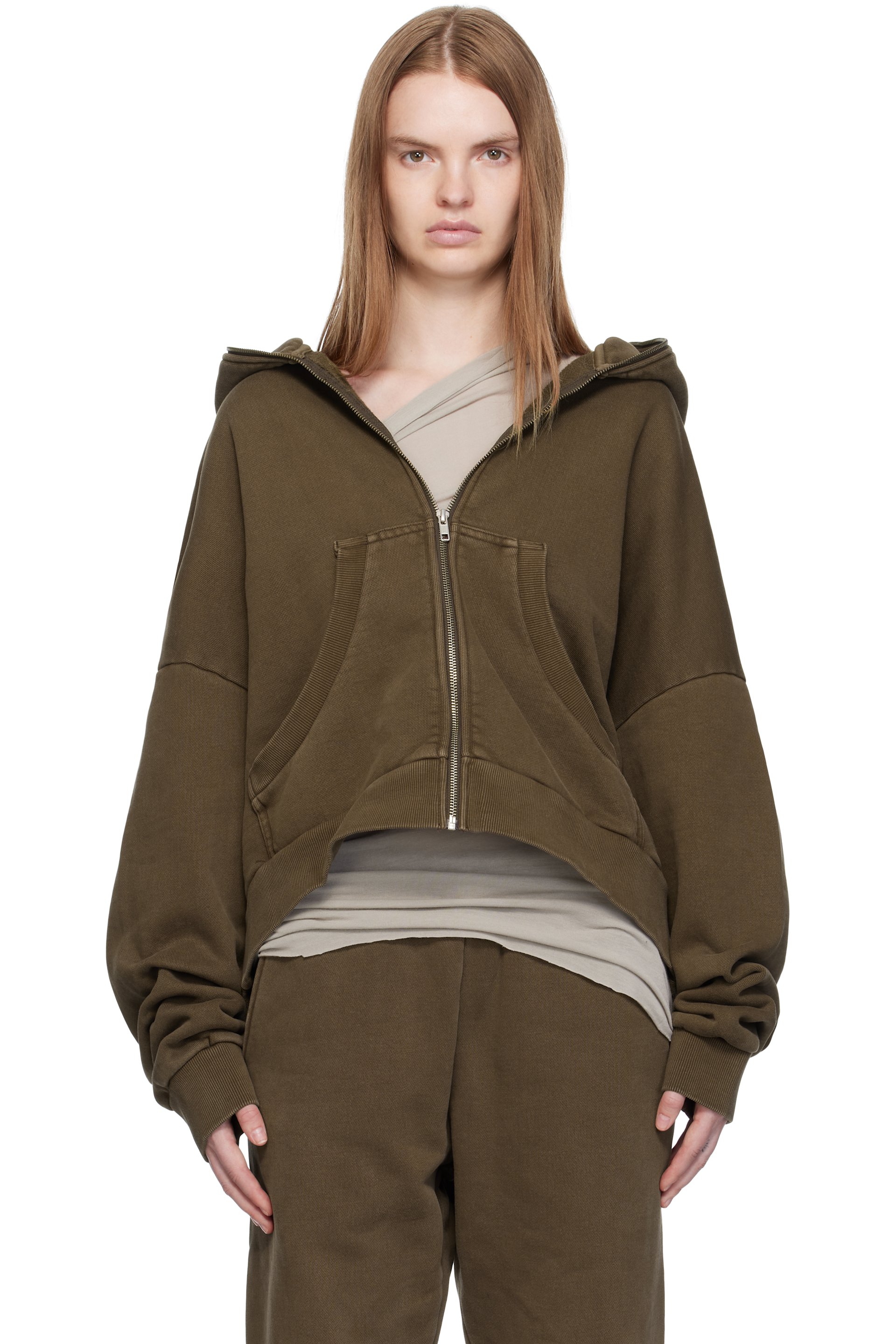 Entire Studios - Pull à capuche brun à glissière prolongée
