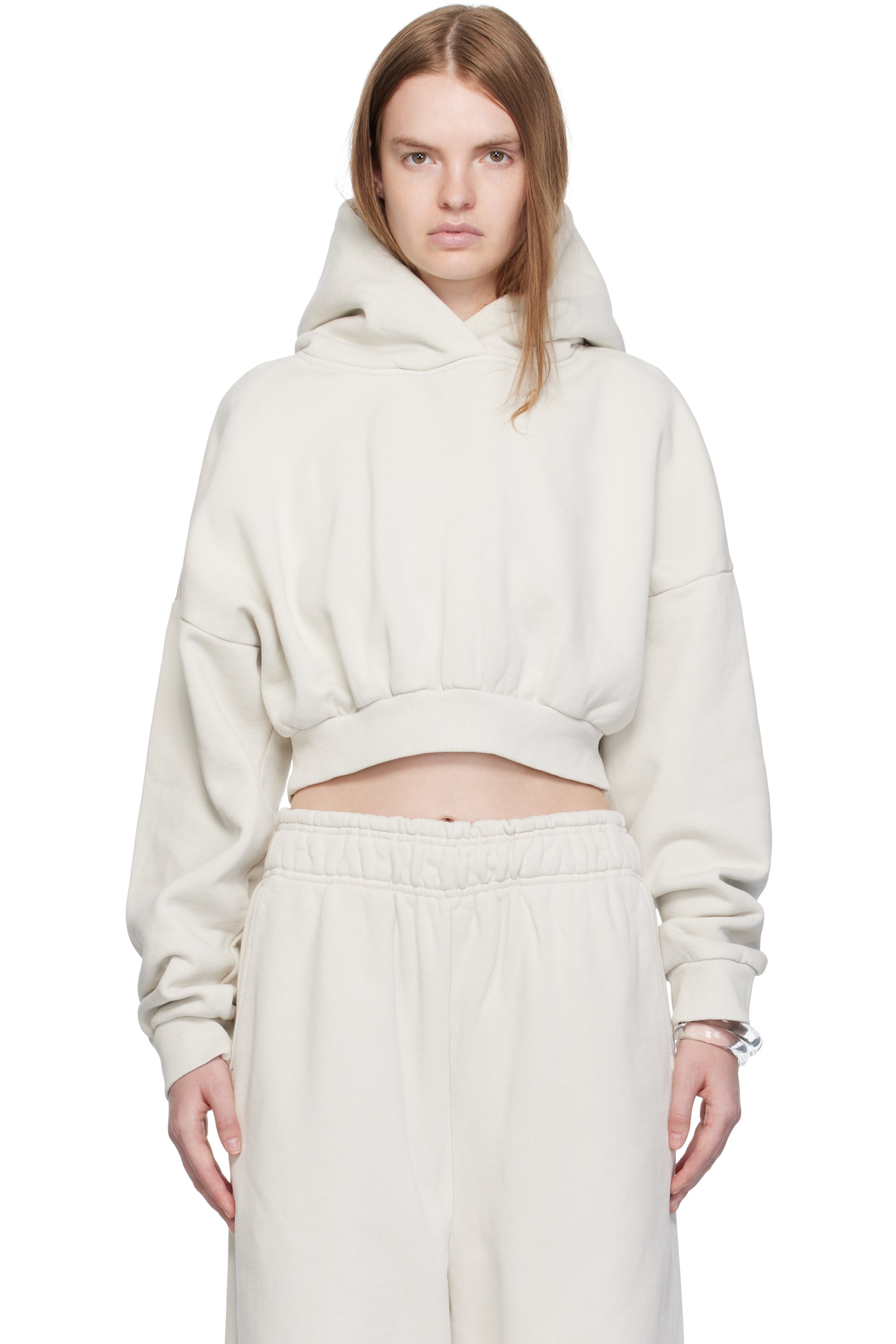Entire Studios - Pull à capuche écourté blanc cassé en molleton épais