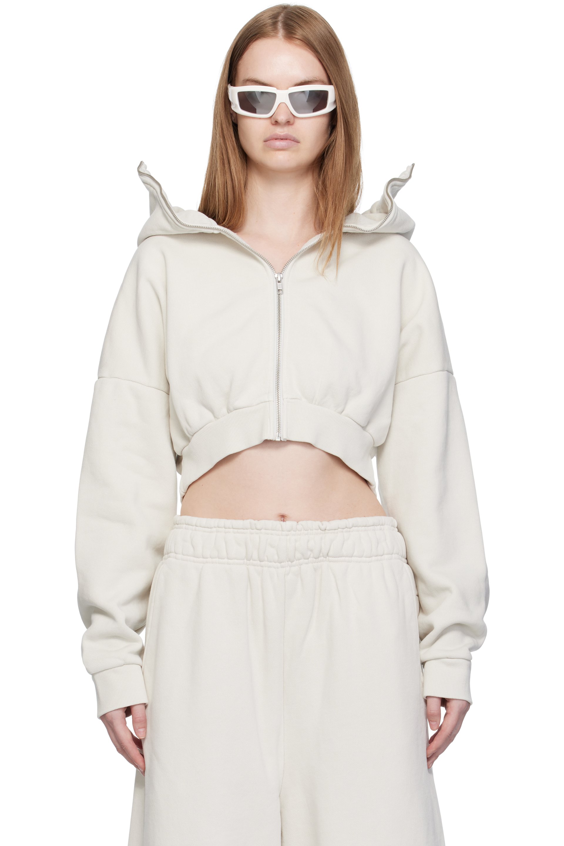 Entire Studios - Pull à capuche écourté blanc cassé à glissière prolongée