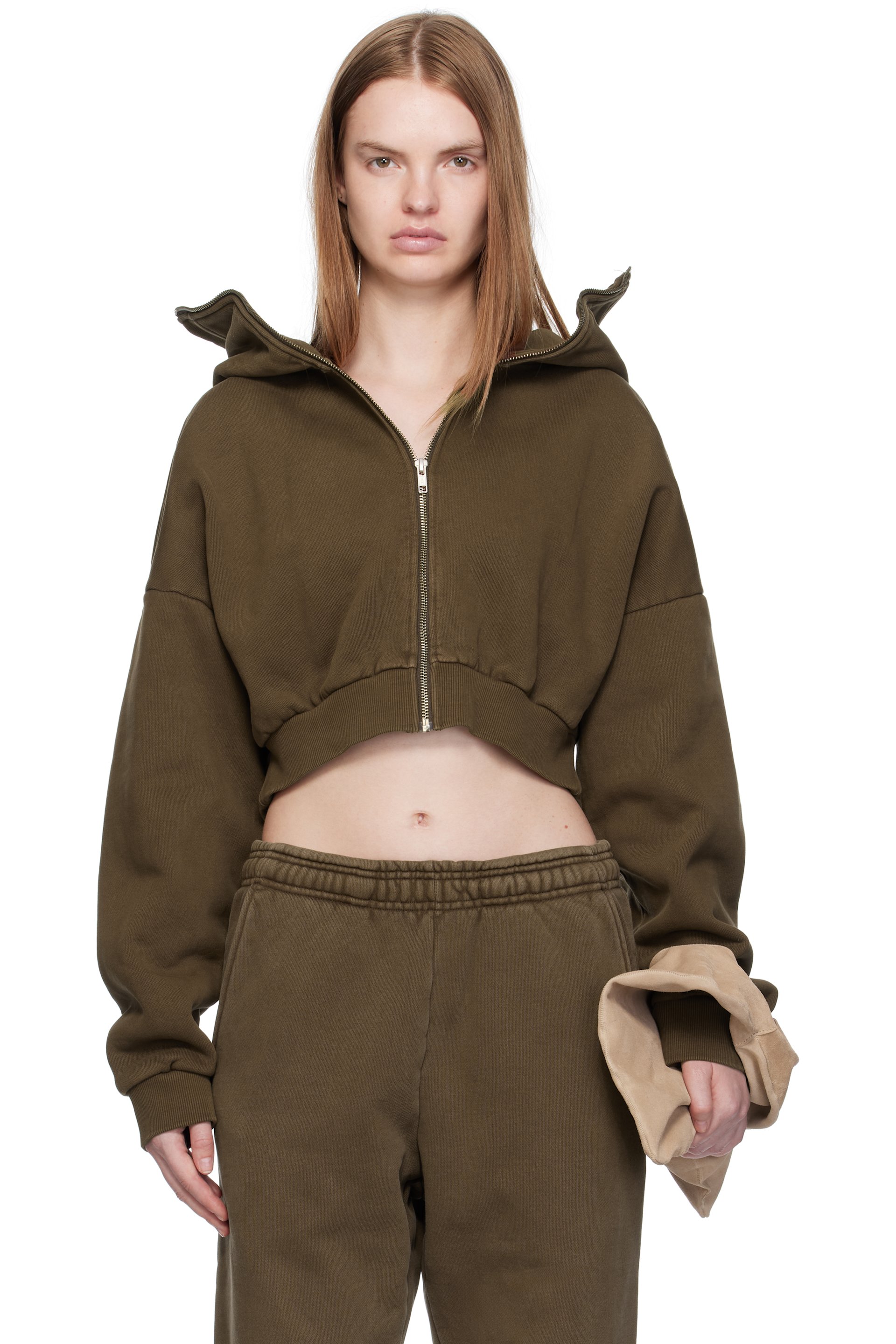 Entire Studios - Pull à capuche écourté brun à glissière prolongée
