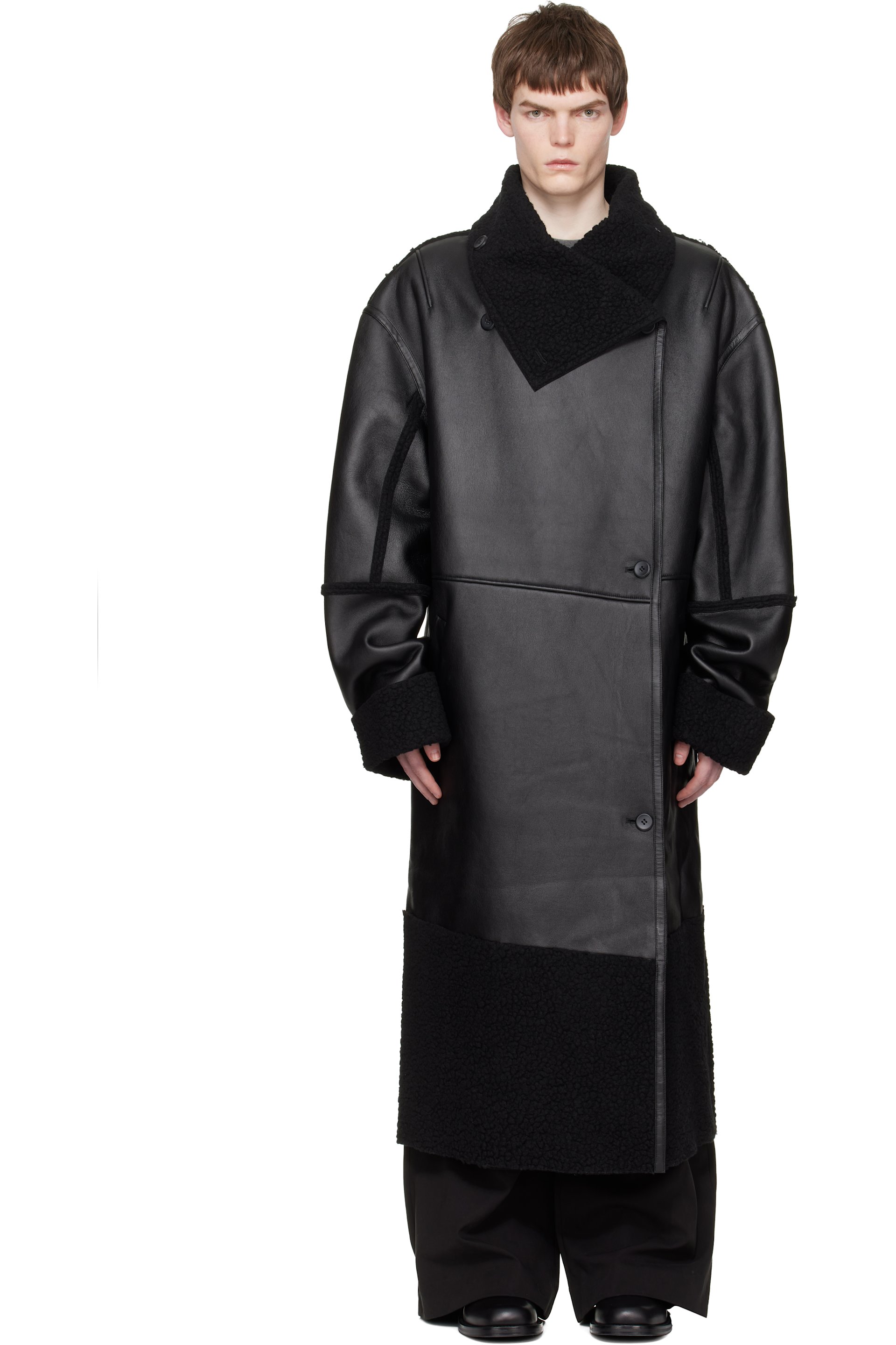 Entire Studios - Black Long Leather & Faux-Shearling Coat