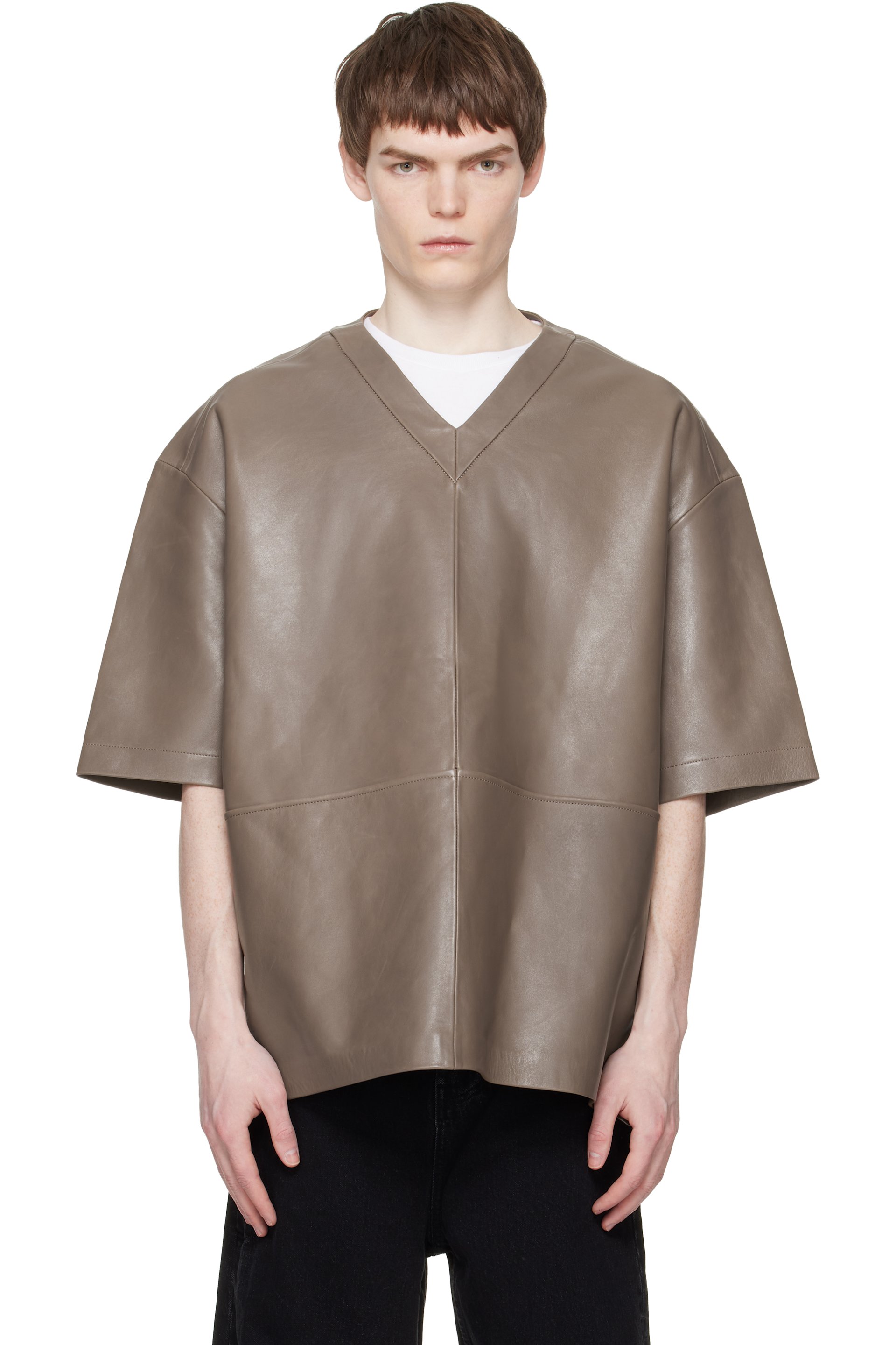 Entire Studios - Taupe V-Neck Leather T-shirt