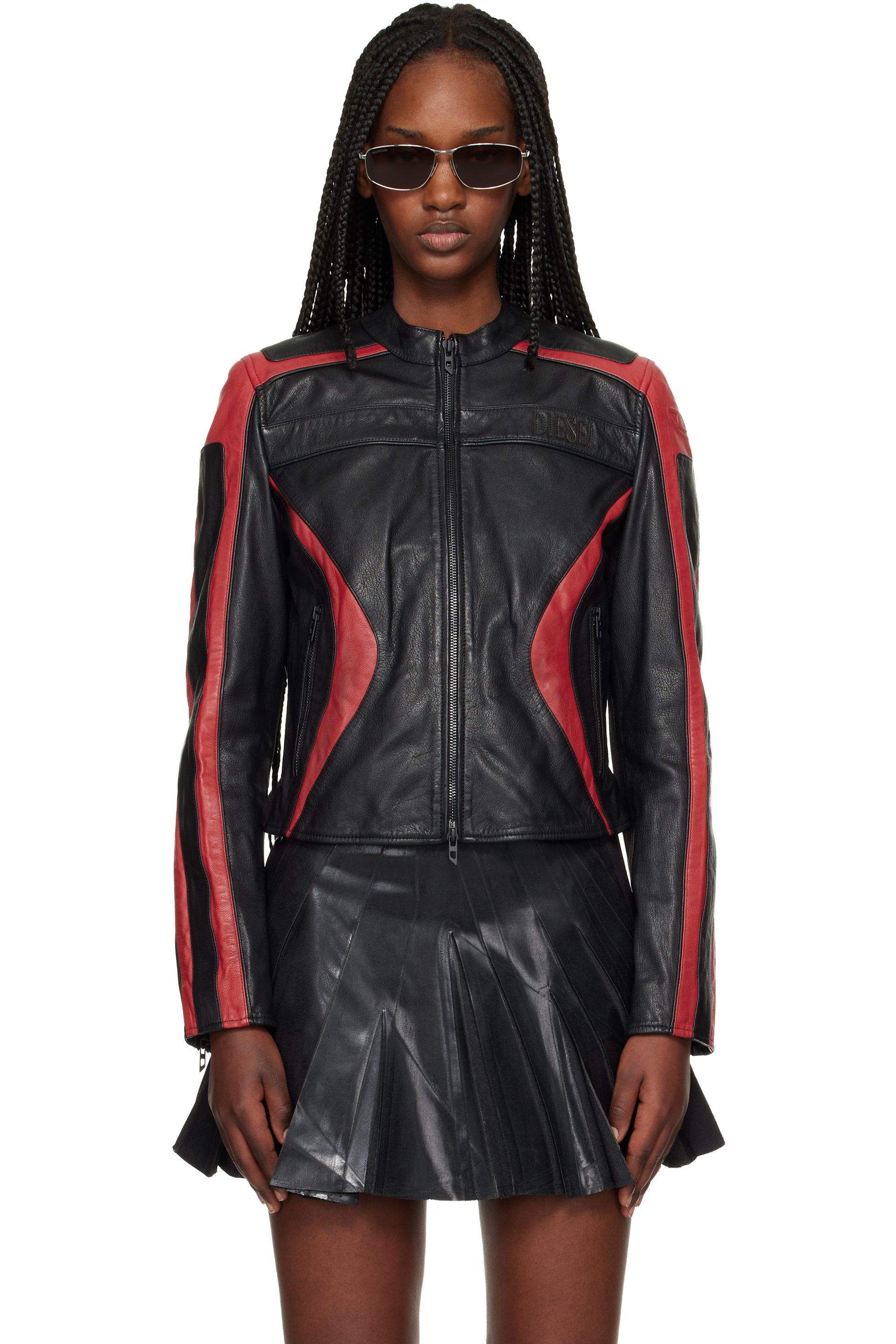 DIESEL バッファローレザー ジャケット ブラック/レッド Black & Red L-Ovable Leather Jacket by Diesel on Sale