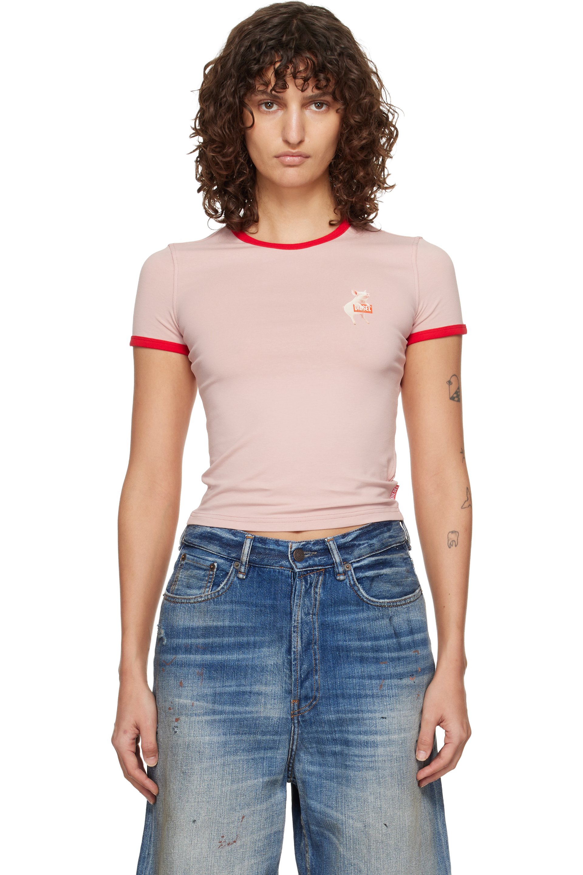 Diesel - T-shirt ajusté rose à image de cochon imprimée