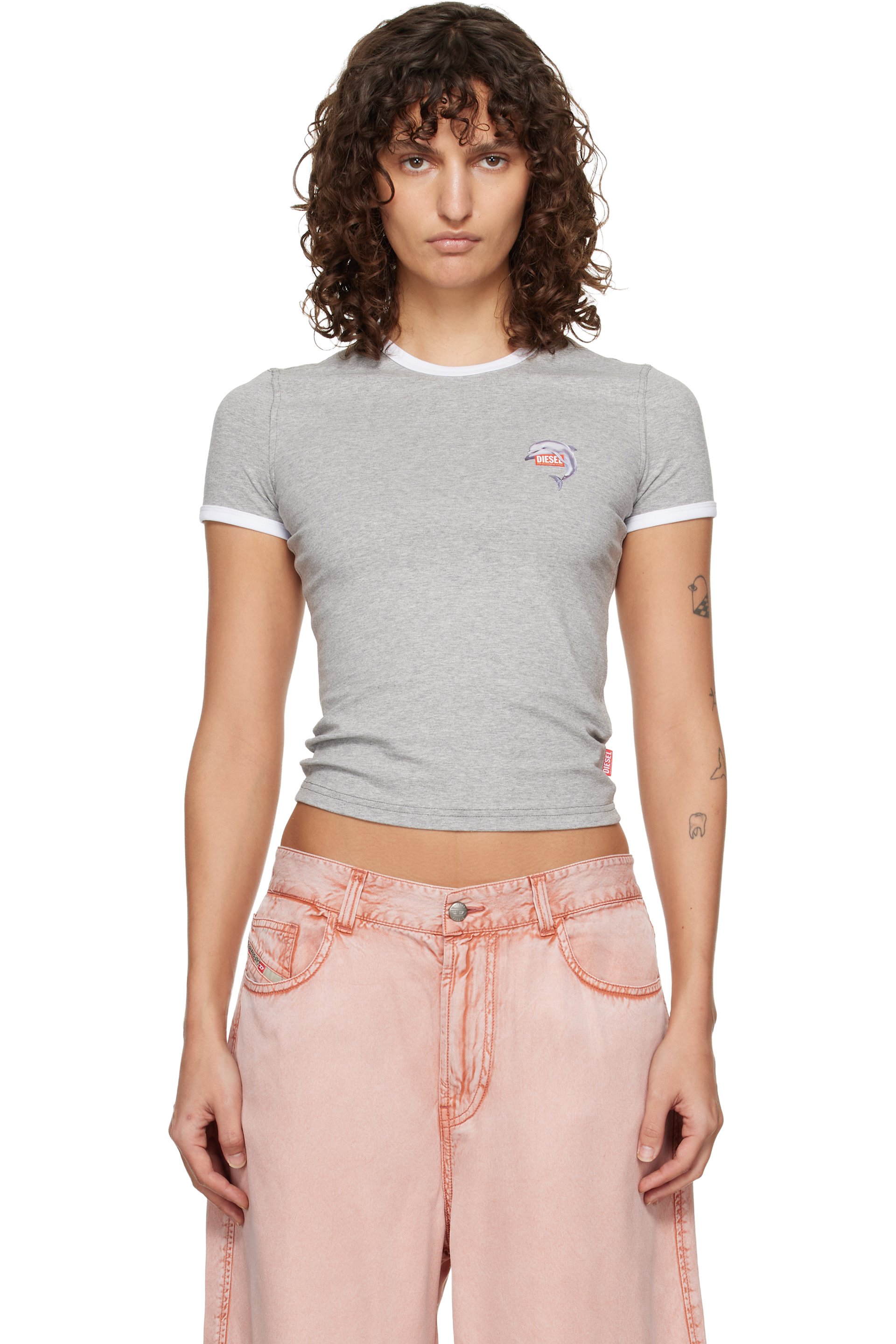 Diesel - T-shirt ajusté gris à image de dauphin imprimée