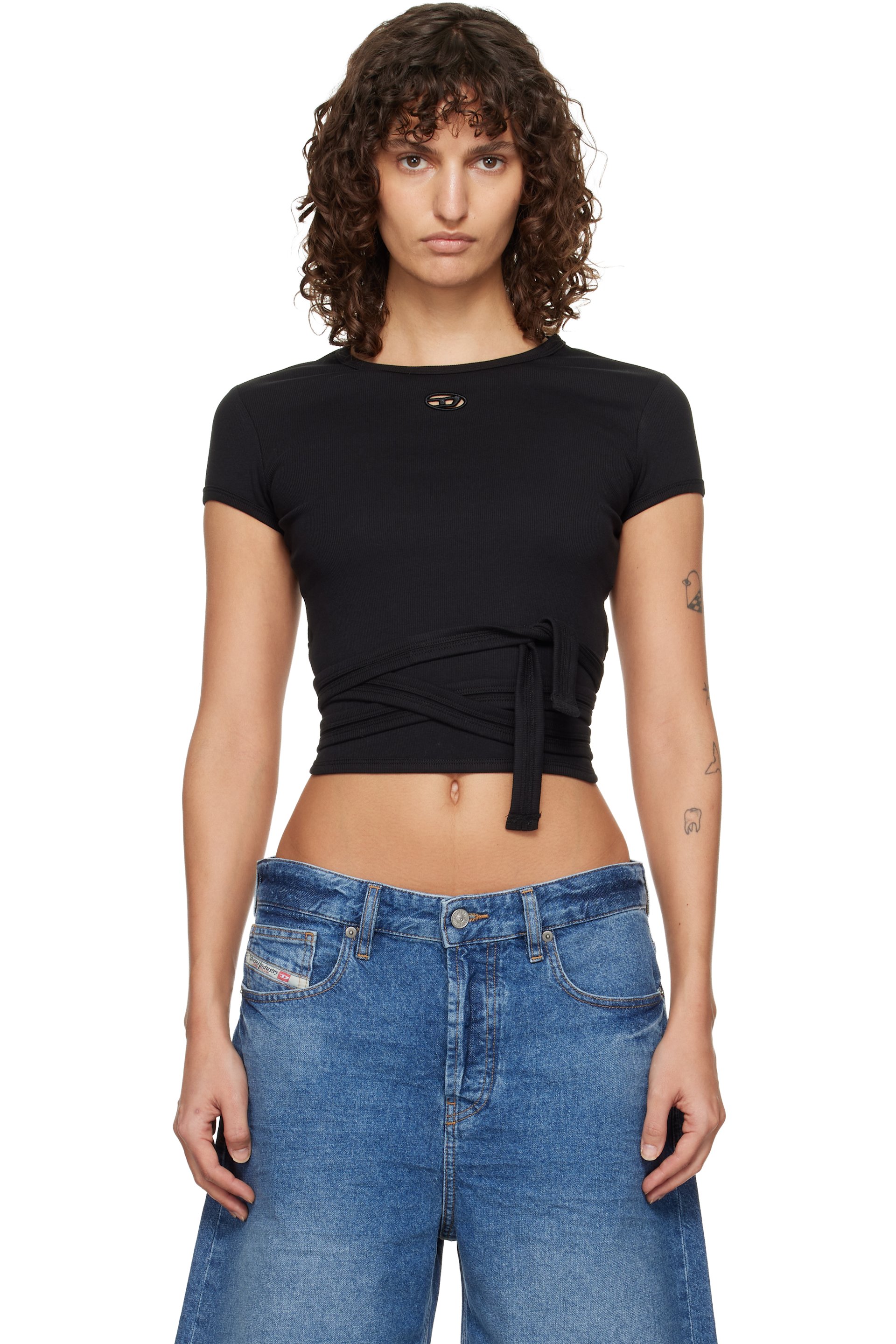 Diesel - T-shirt noir en jersey côtelé à sangles double tour