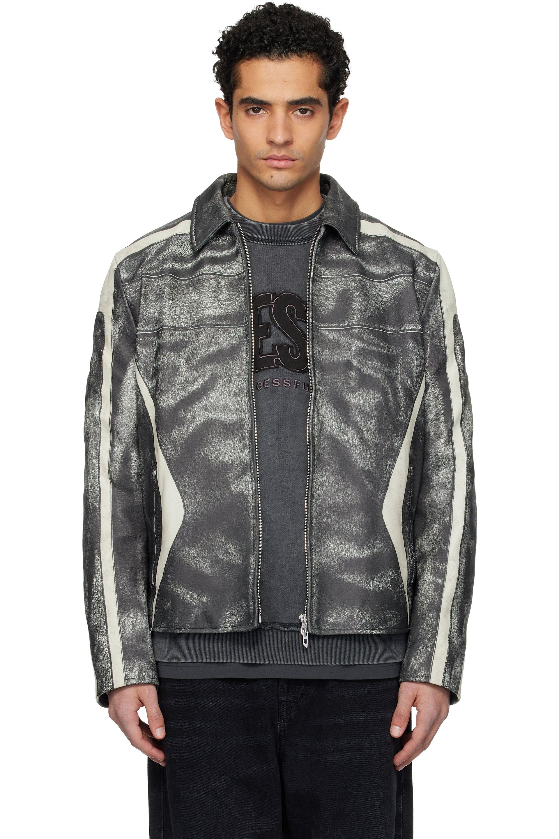 Diesel - Black & Off-White L-Amar-Enbi Leather Jacket