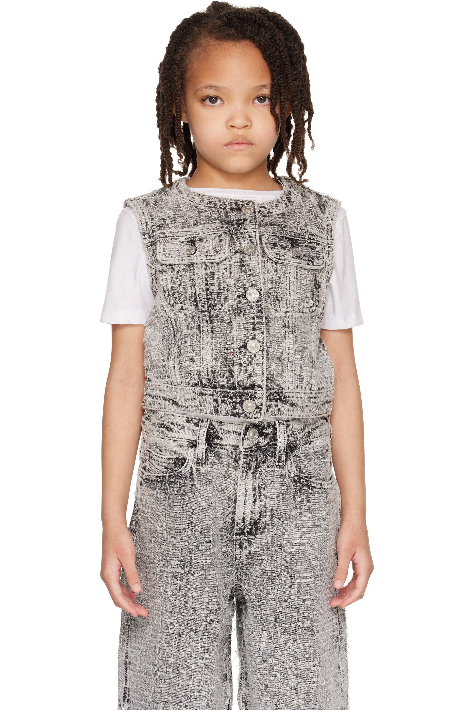 Diesel - Kids Gray Frayed Texture Denim Vest