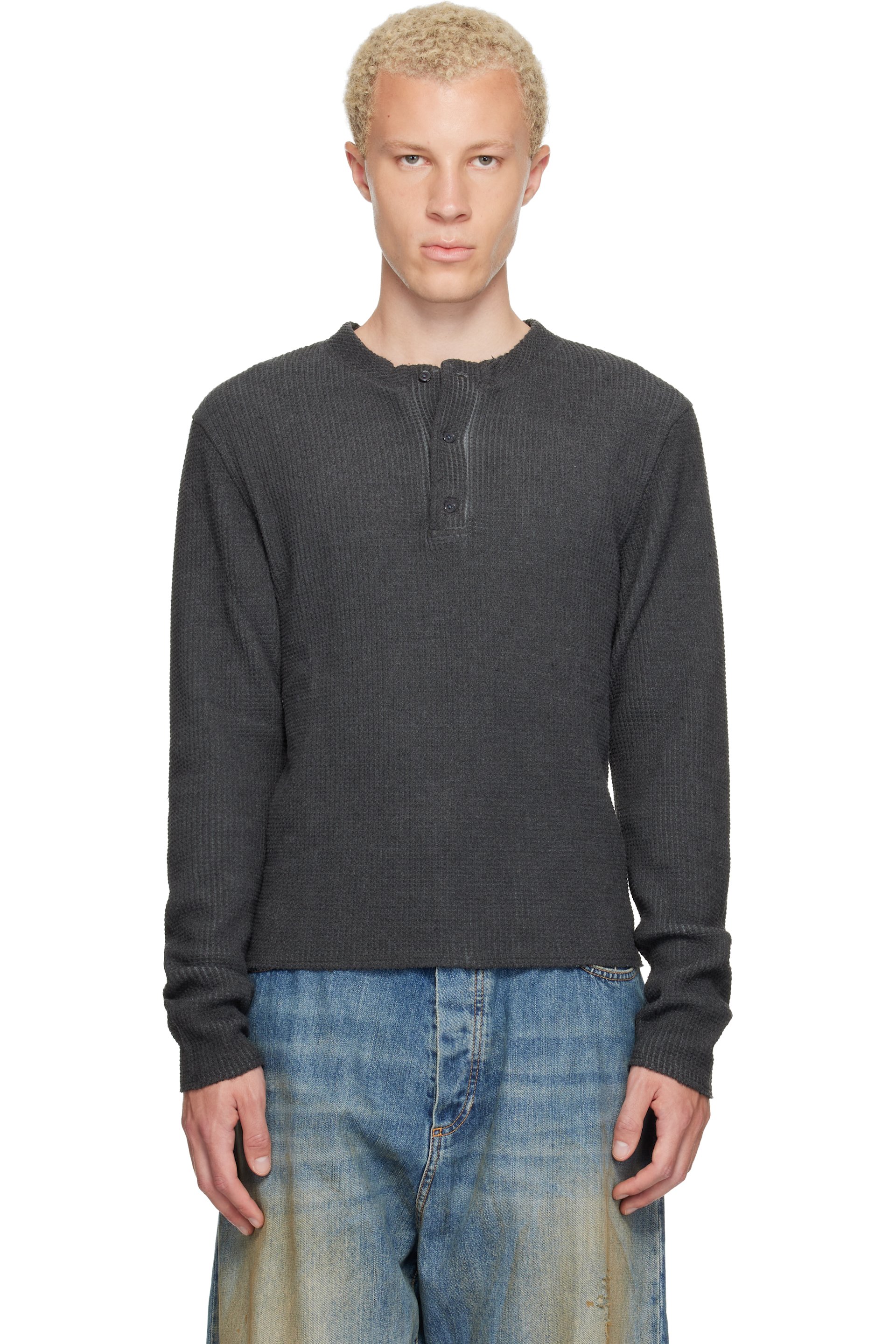 424 - Black Long-Sleeve Thermal Jersey Henley