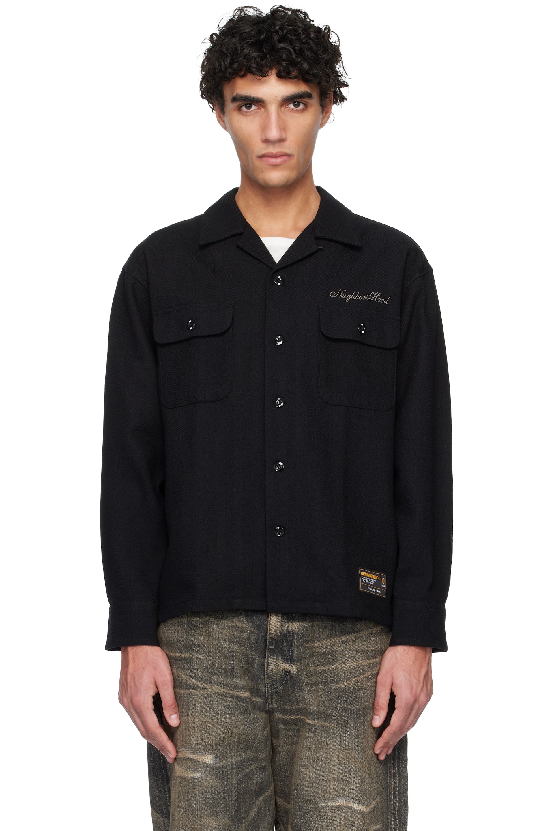 Neighborhood - 黑色 Herringbone Open Collar 衬衫