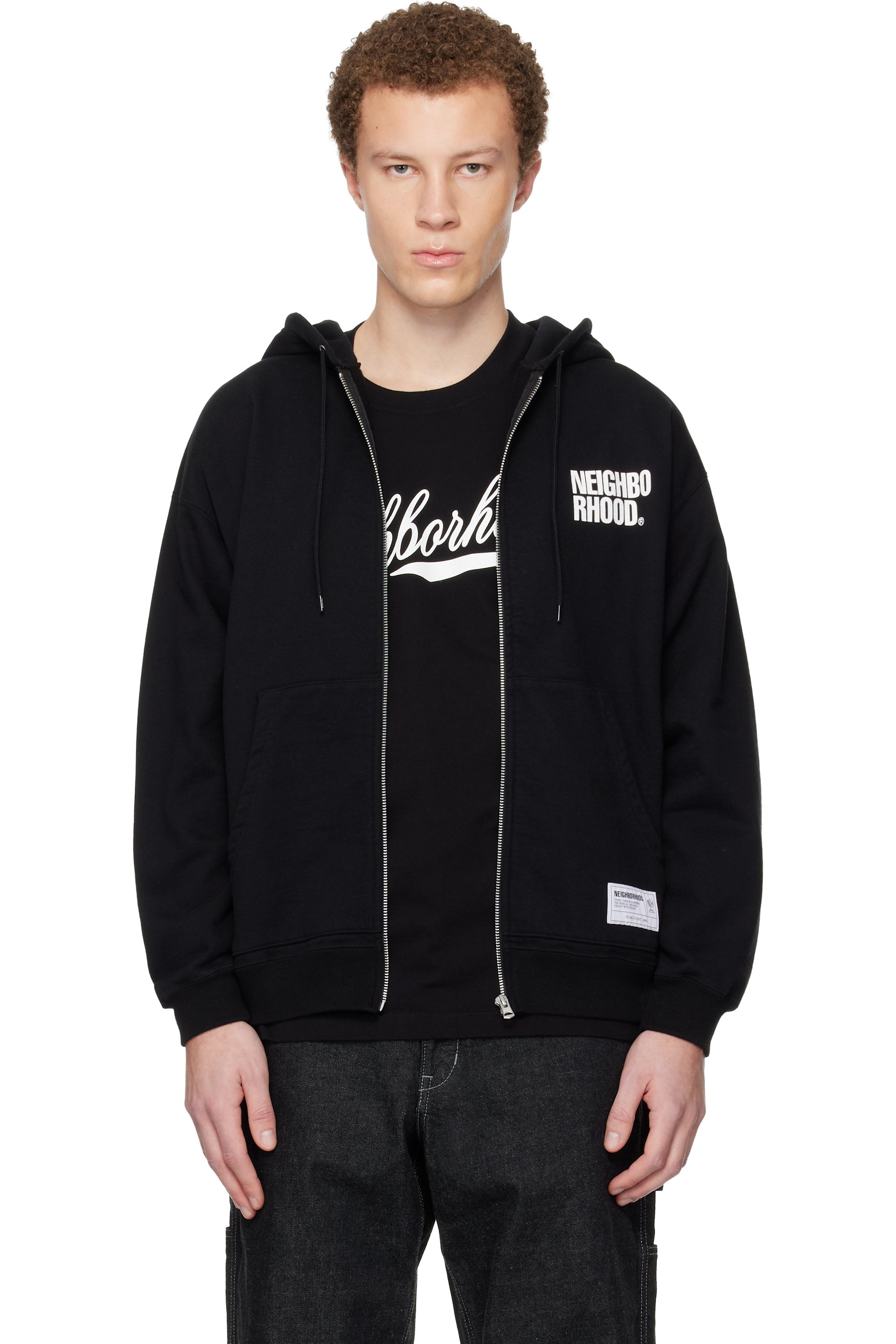 Neighborhood - Pull à capuche noir en jersey bouclette à glissière