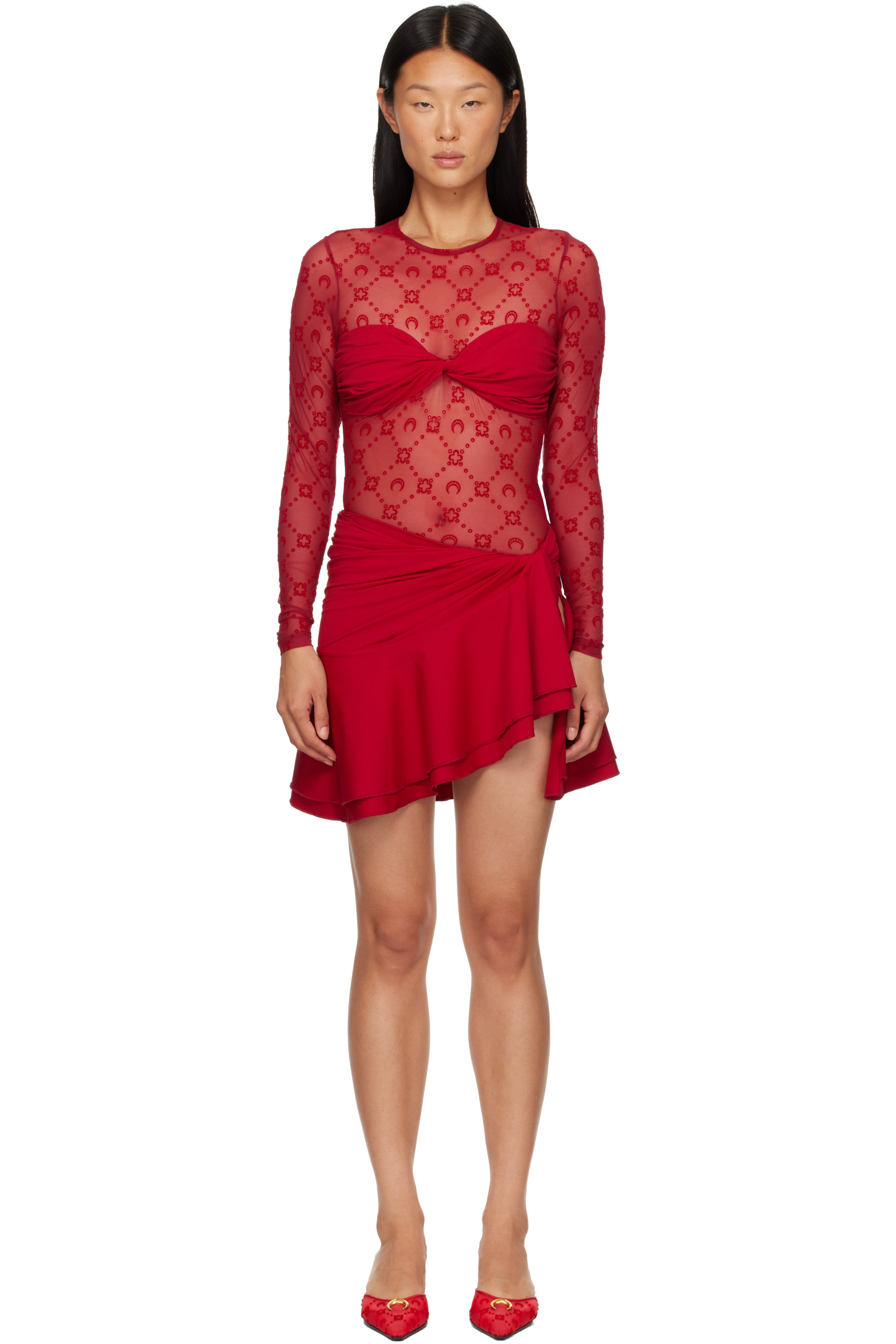 Marine Serre - Red Monogram Mesh Flock Ruffles Minidres