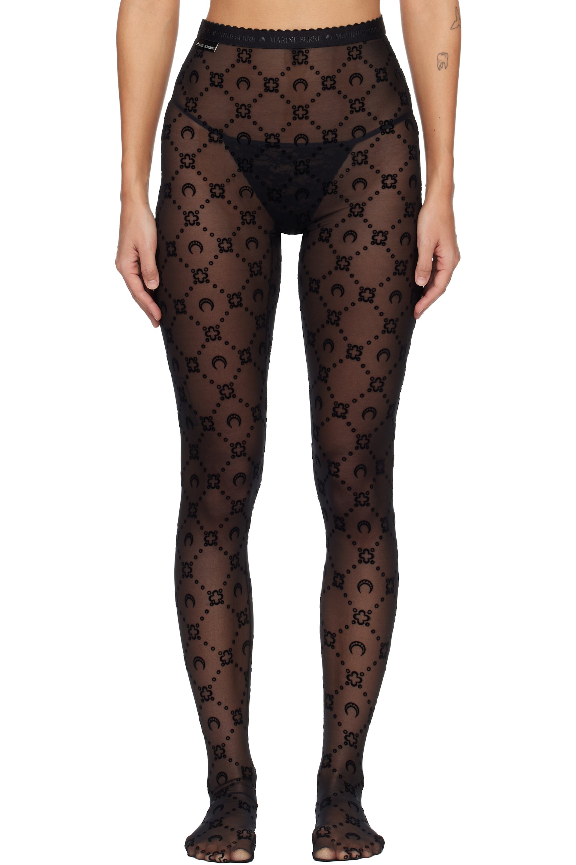 Marine Serre - Black Moonogram Mesh Flock Tights