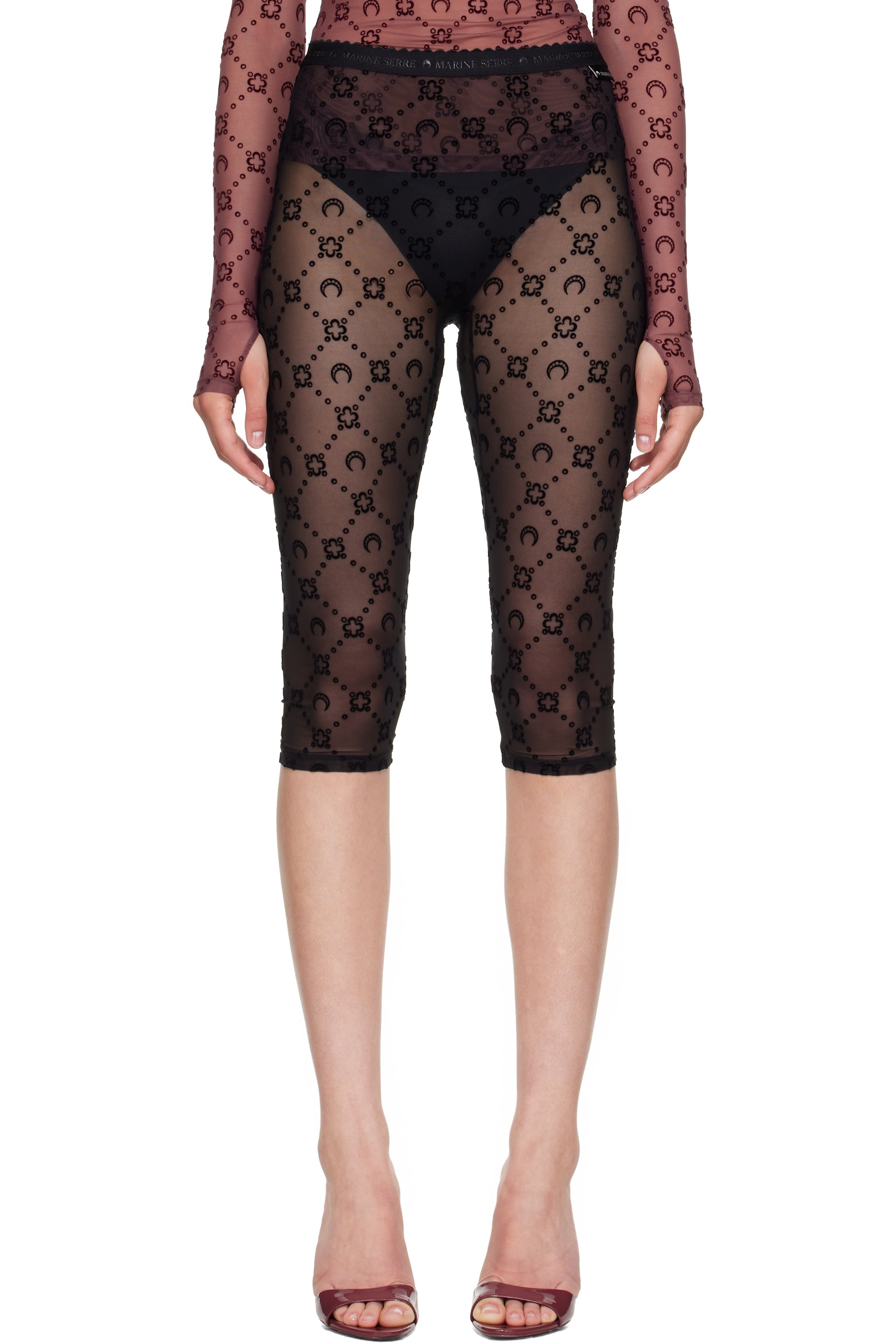 Marine Serre - Black Moonogram Mesh Flock Capri Leggings