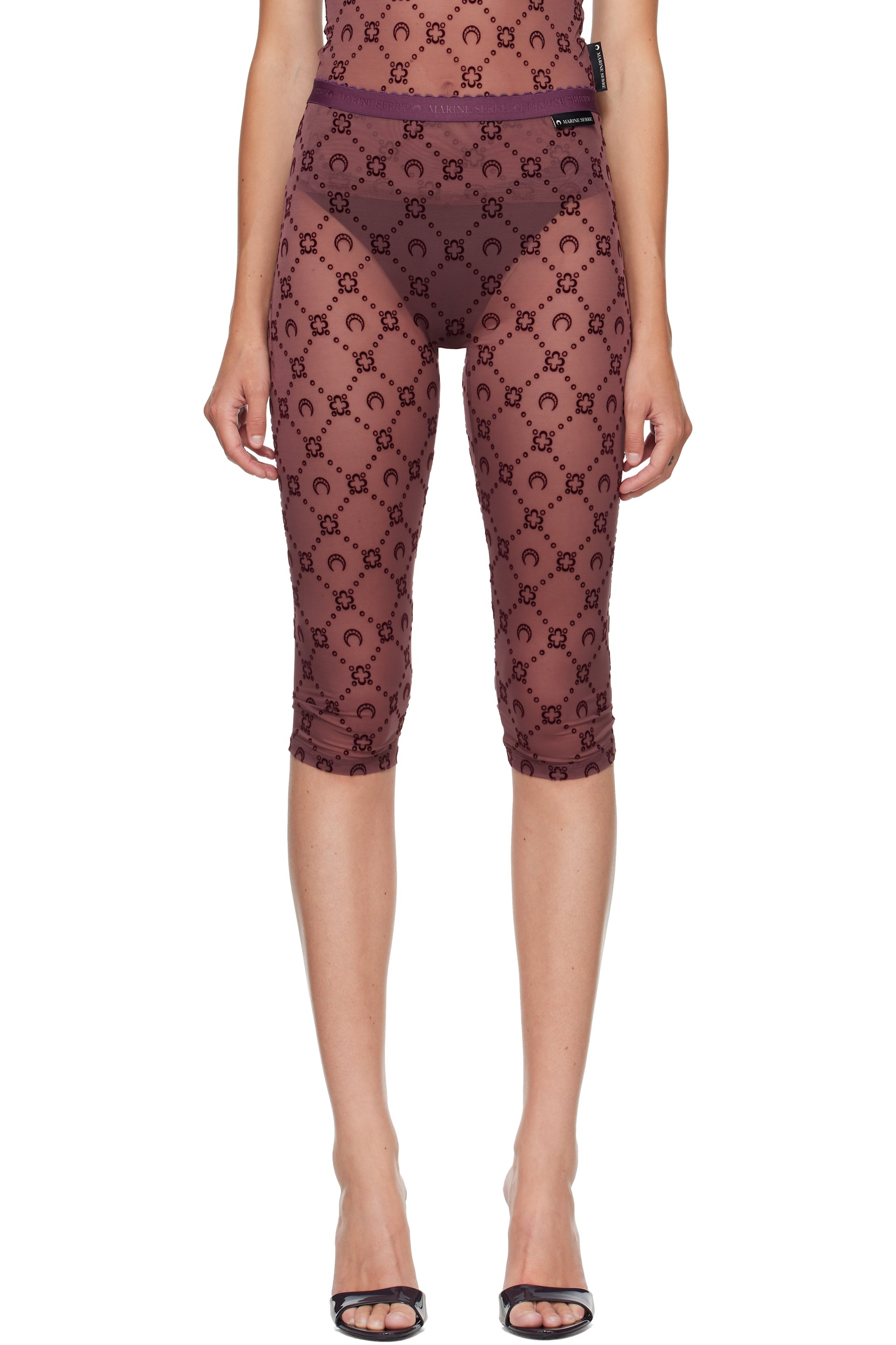 Marine Serre - Burgundy Moonogram Mesh Flock Capri Leggings