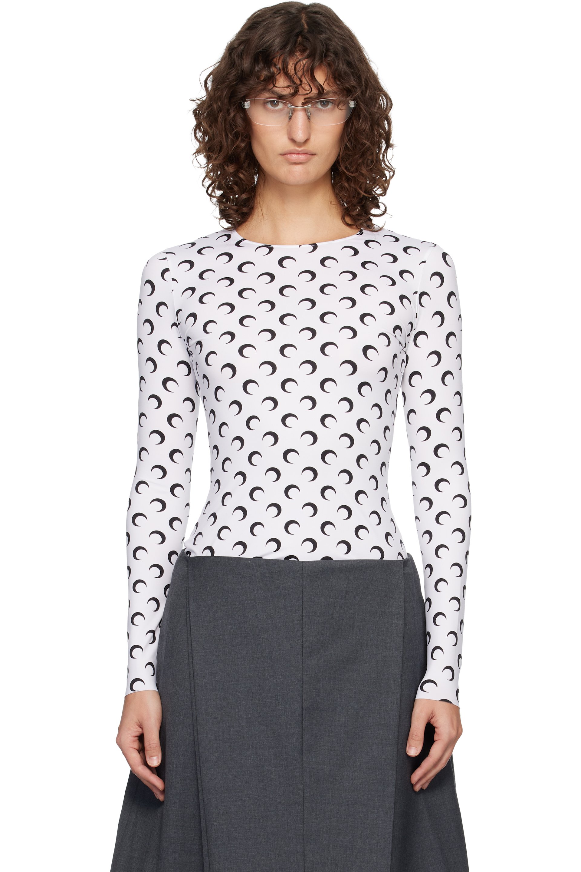 Marine Serre: White Recycled Moon Jersey Second Skin Crewneck T