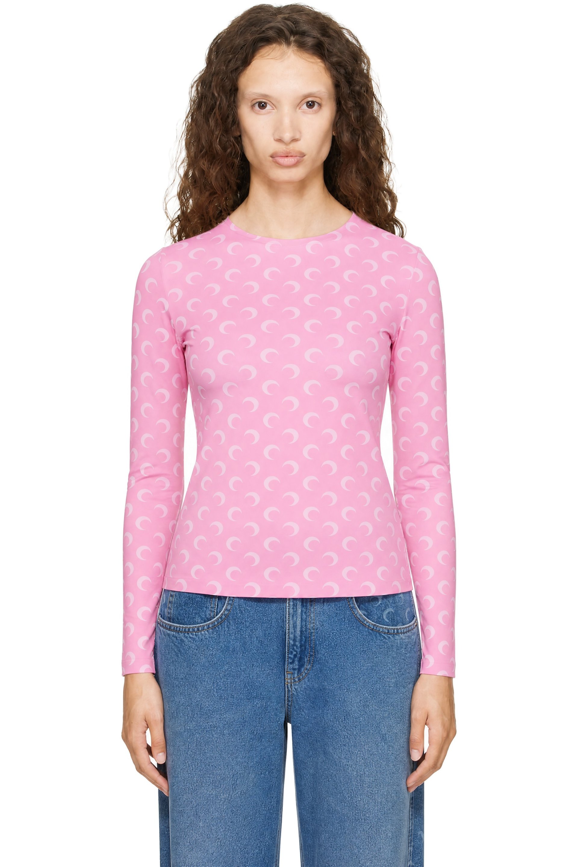 Marine Serre - T-shirt à manches longues rose en jersey à logos de lune imprimés