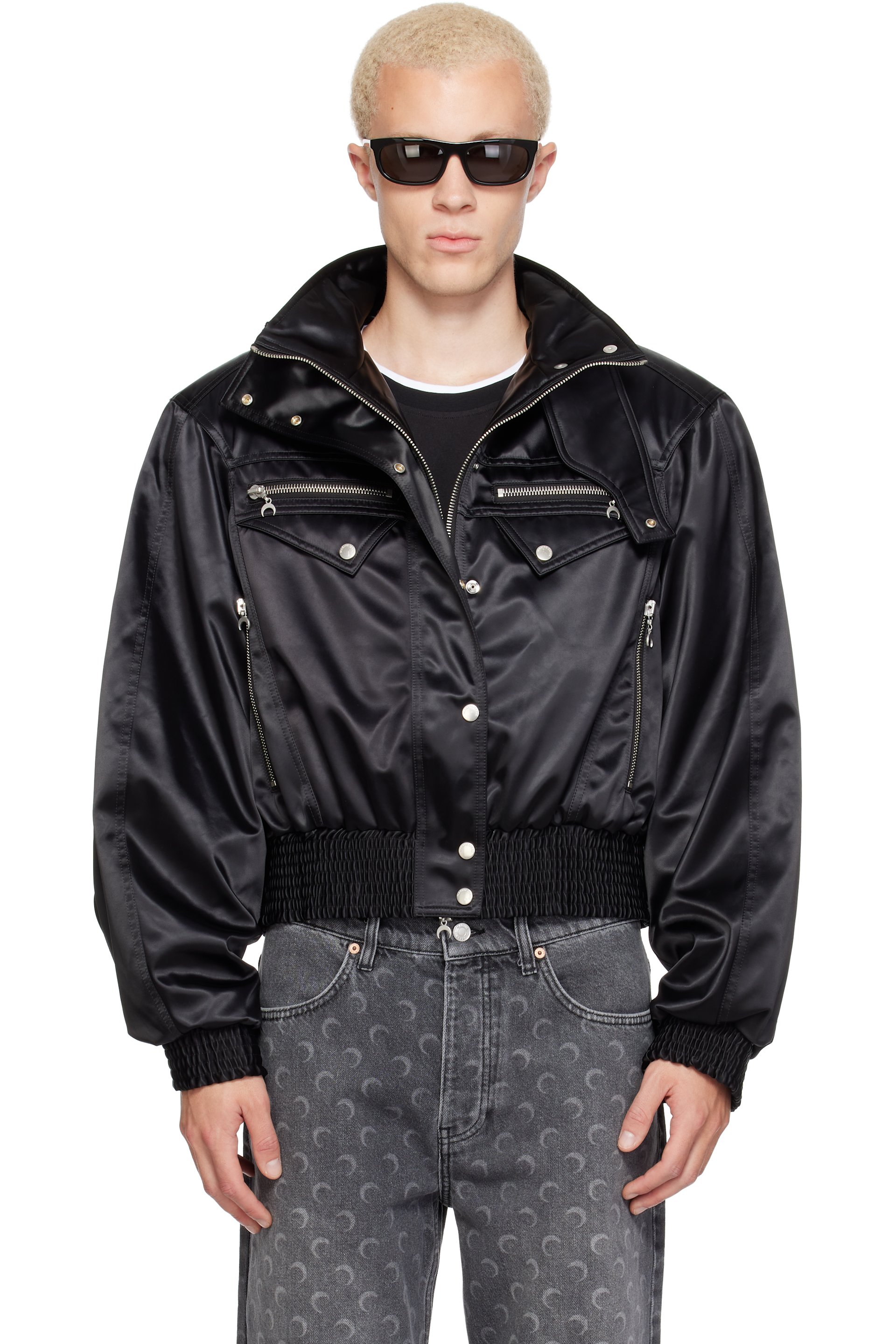 Marine Serre - Black Satin Nylon Bomber Jacket