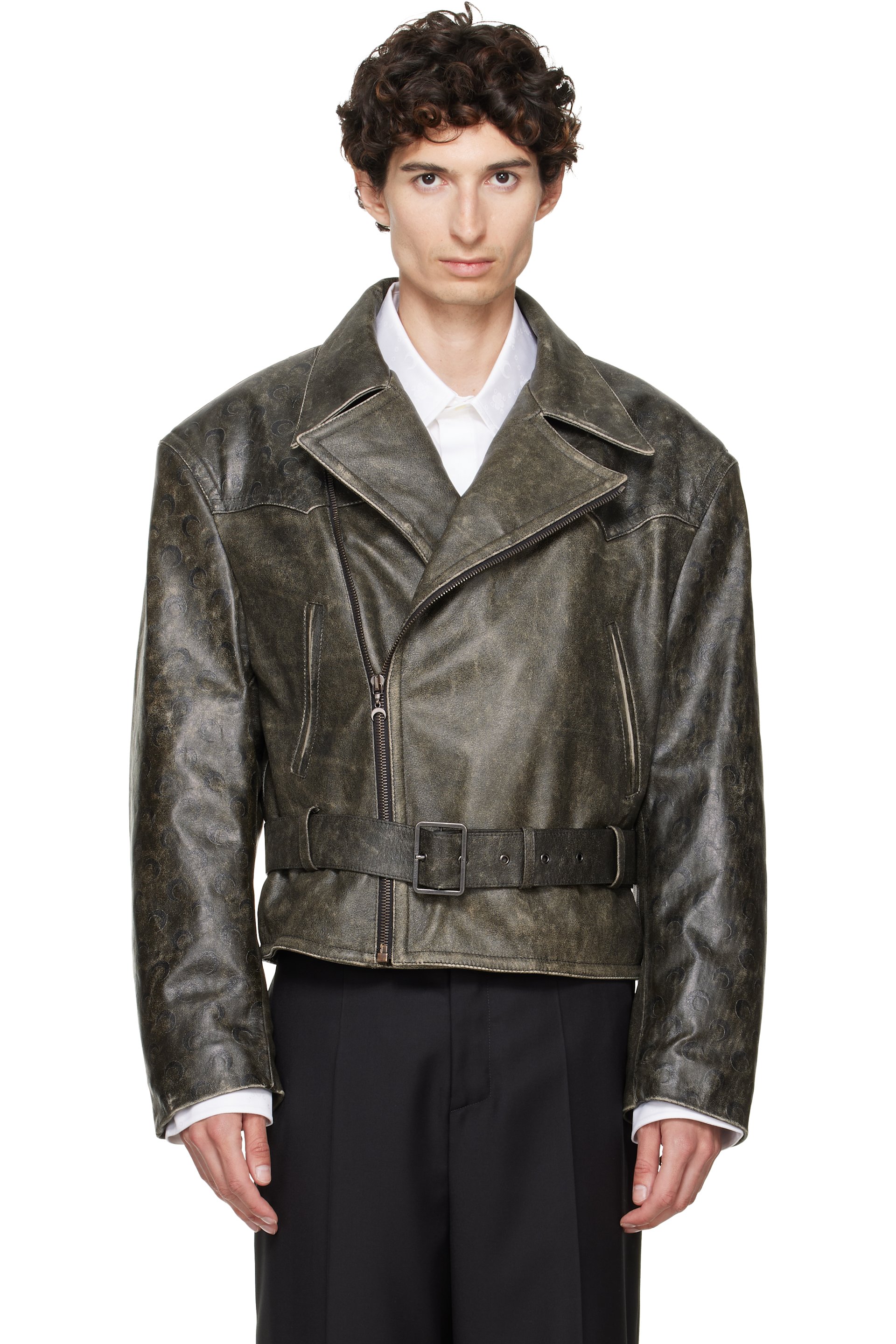 Marine Serre - Gray Vintage Moon Leather Biker Jacket