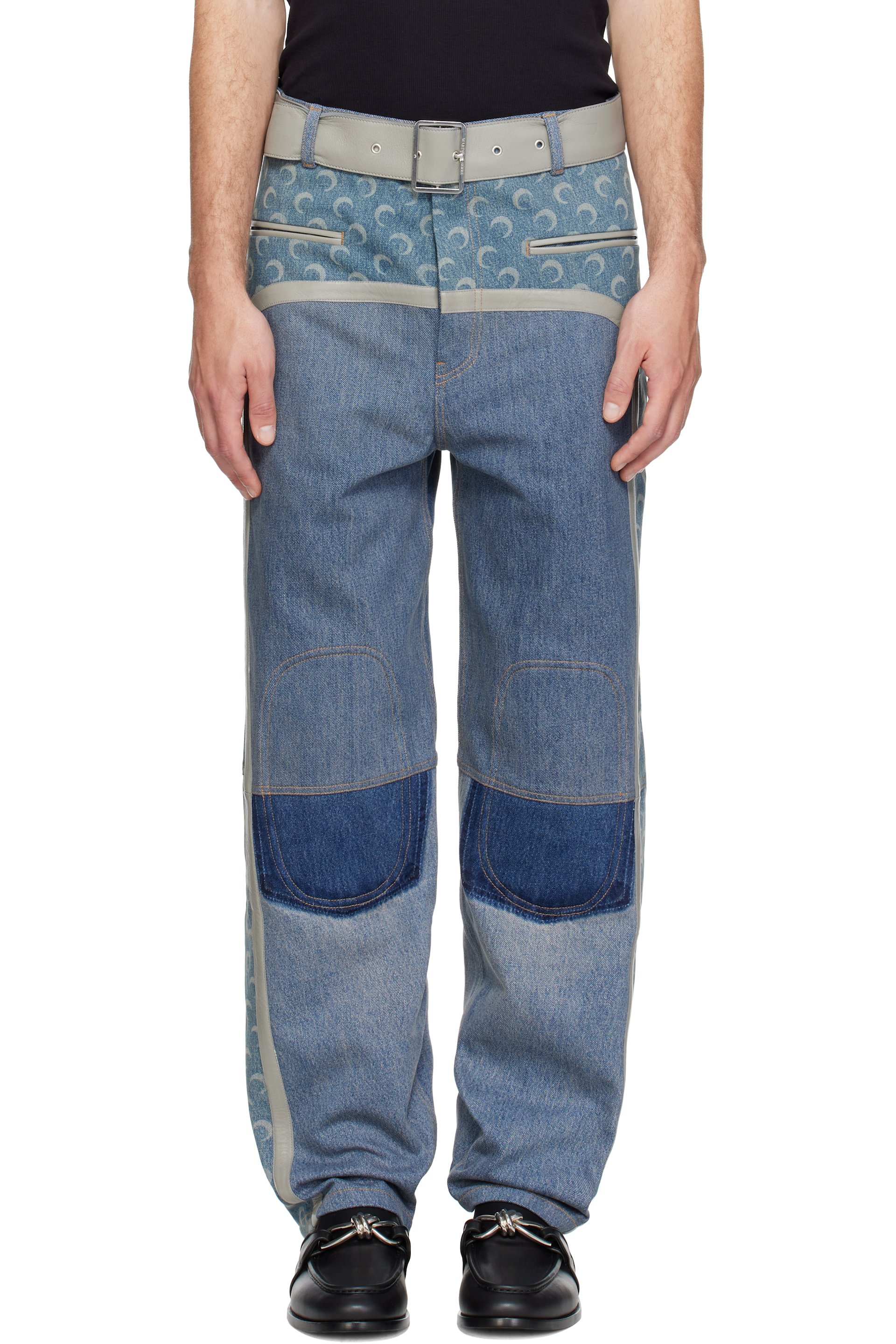 Marine Serre - 蓝色 Regenerated Denim Belted Baggy 牛仔裤