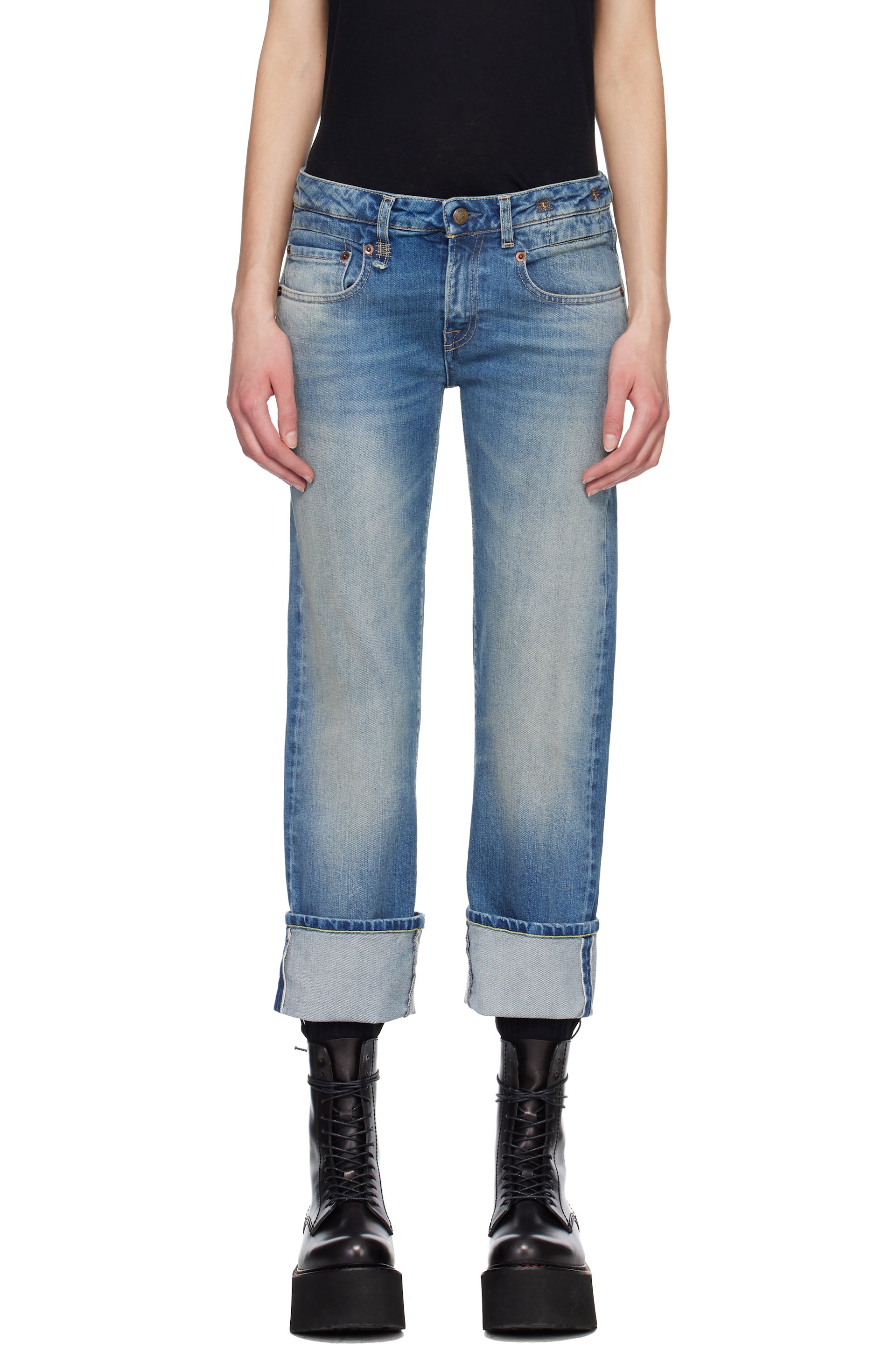 R13 - Jean boyfriend droit bleu à revers roulés