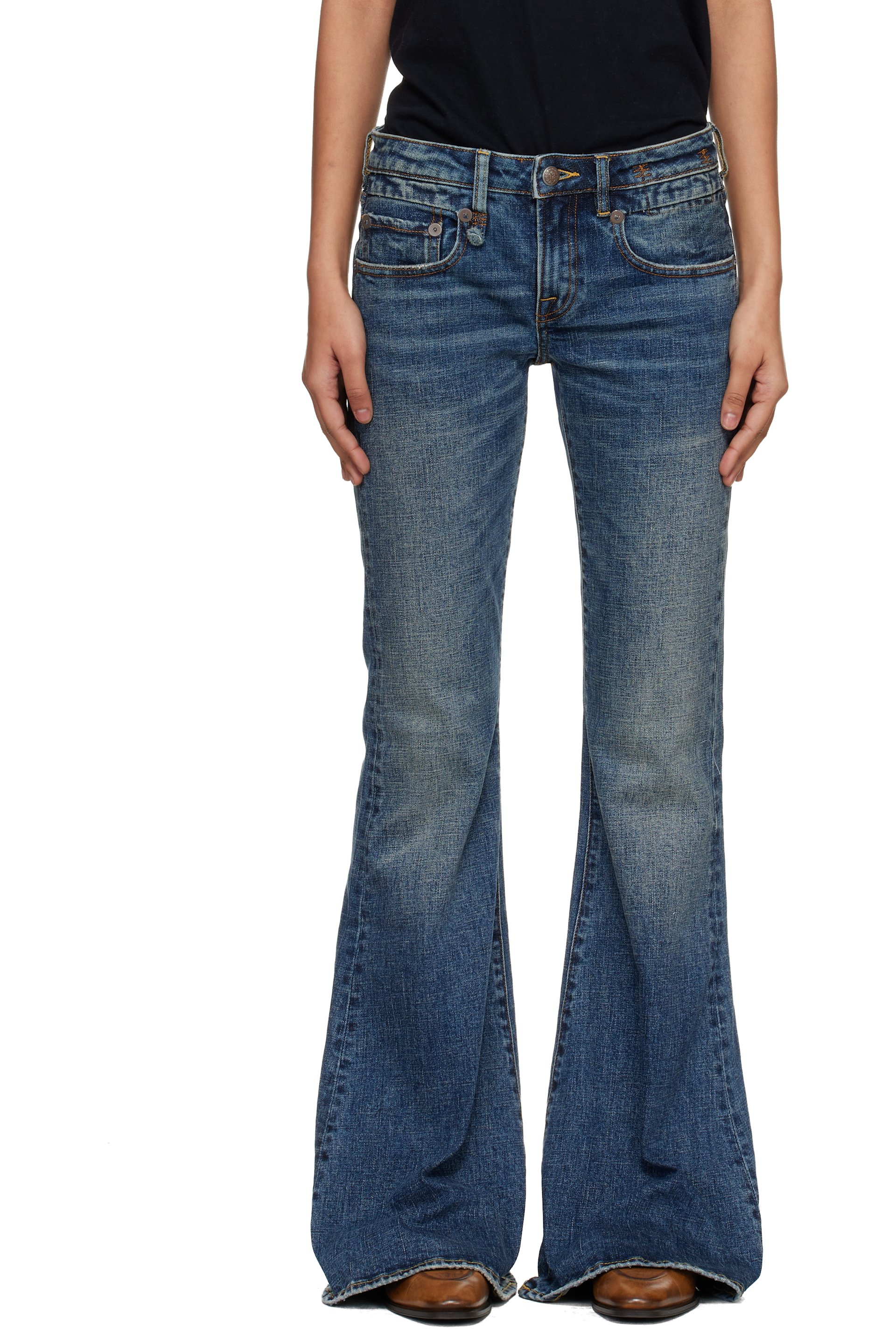 R13 - Jean long évasé bleu en denim extensible