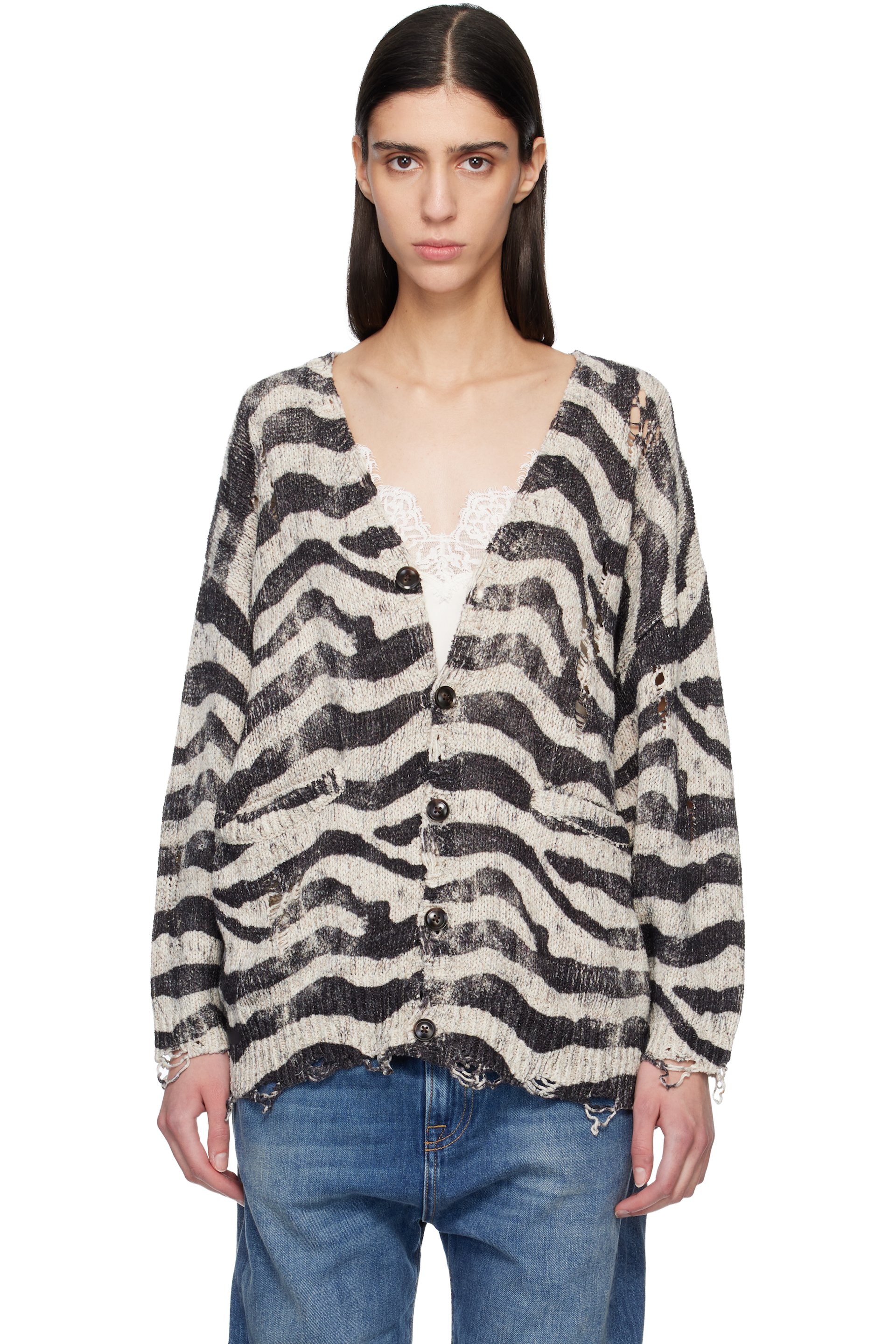 R13 - Cardigan surdimensionné blanc cassé et noir à motif imprimé