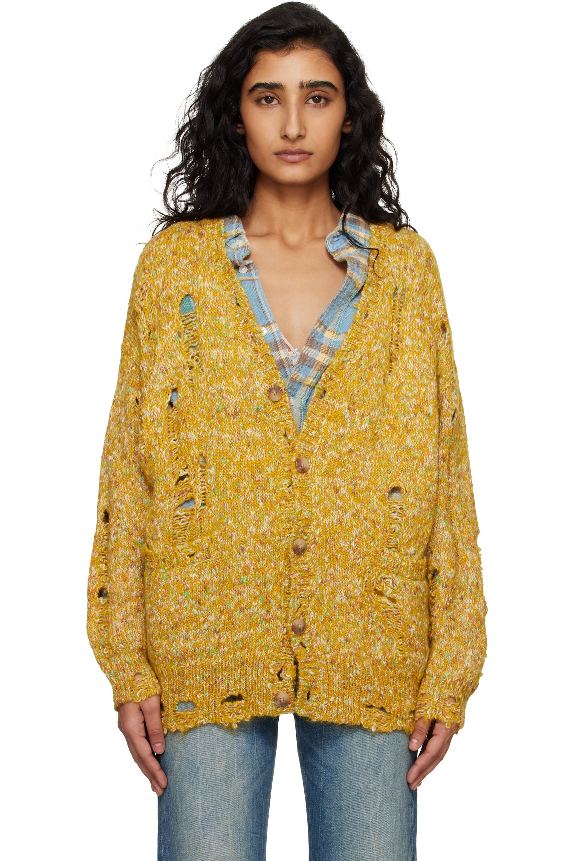 R13 - Cardigan surdimensionné jaune à effet usé